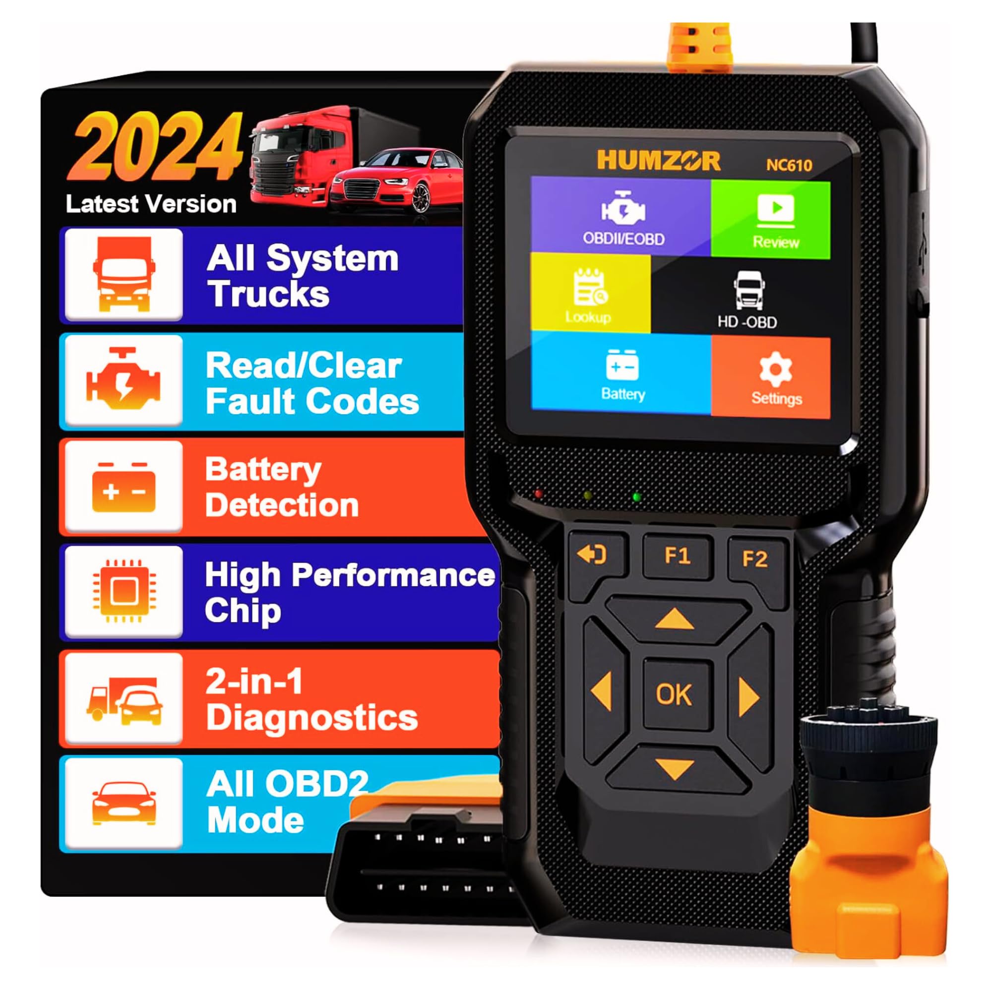 NC610 OBD2 Scanner Car/Heavy Duty Truck Scanner Car Code Reader Diesel Diagnostic Tool, Full OBDII Function 2 in 1 Car & 24v Truck Engine Light Clear Check Fault Diagnostic Scan Tool
