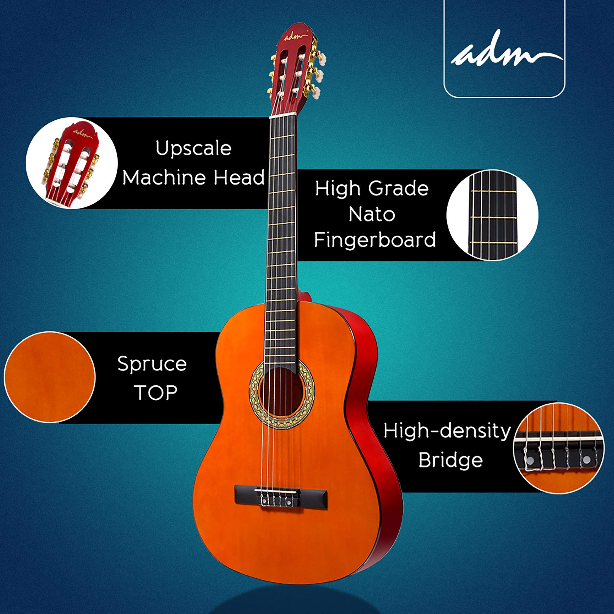 ADM Full Size Classical Nylon Strings Acoustic Guitar 39 Inch Classic