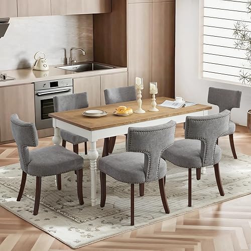 Miniatura 17 de SoarFlash Juego de 2 sillas de comedor modernas de madera, silla tapizada de tela de lino de granja, respaldo curvado con clavos de cobre alrededor,