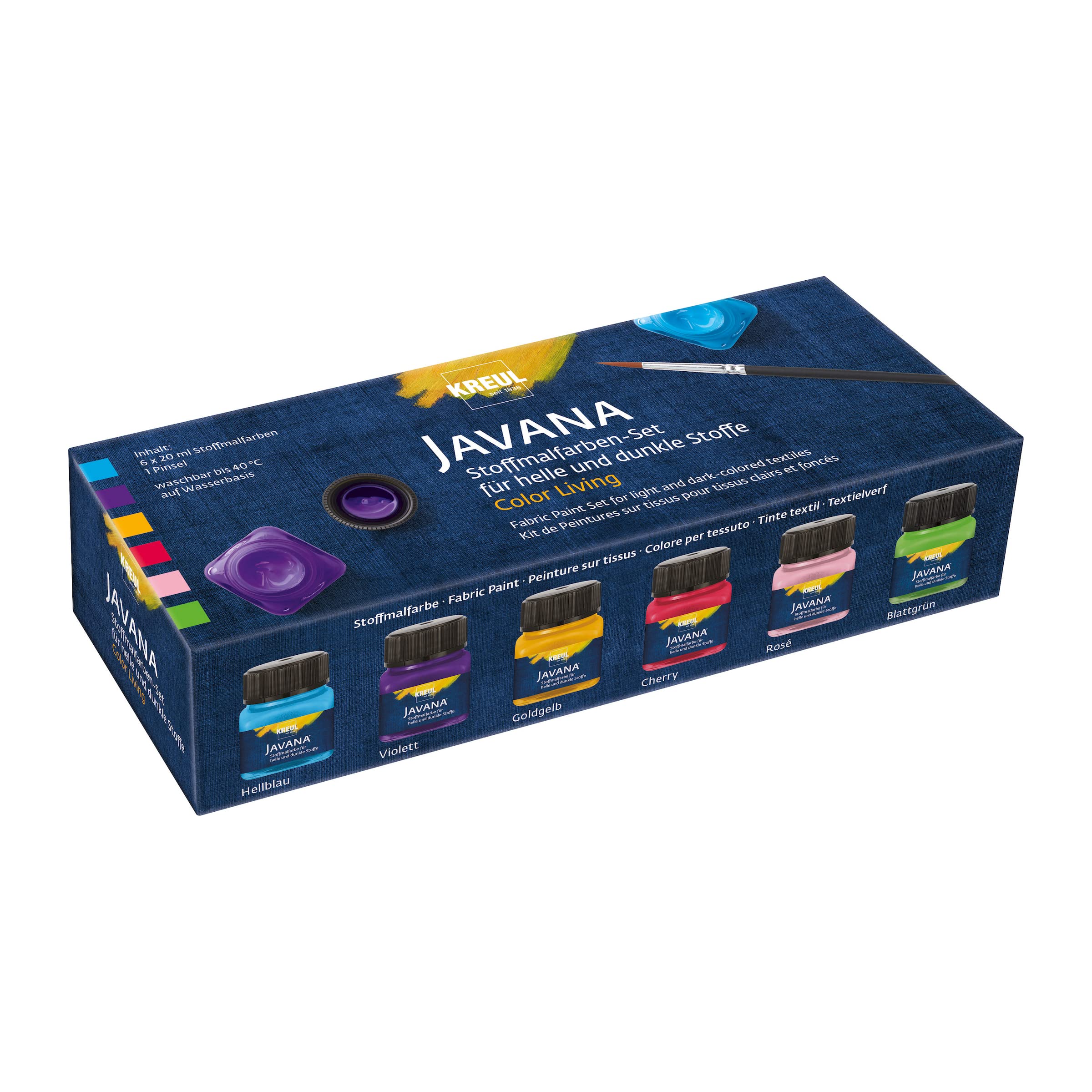 KREUL 90597 - Javana set de pintura para tela Color Living con 6 x 20 ml de pintura con carácter impasto y pincel, para telas claras y oscuras, resistente al lavado después de fijarla