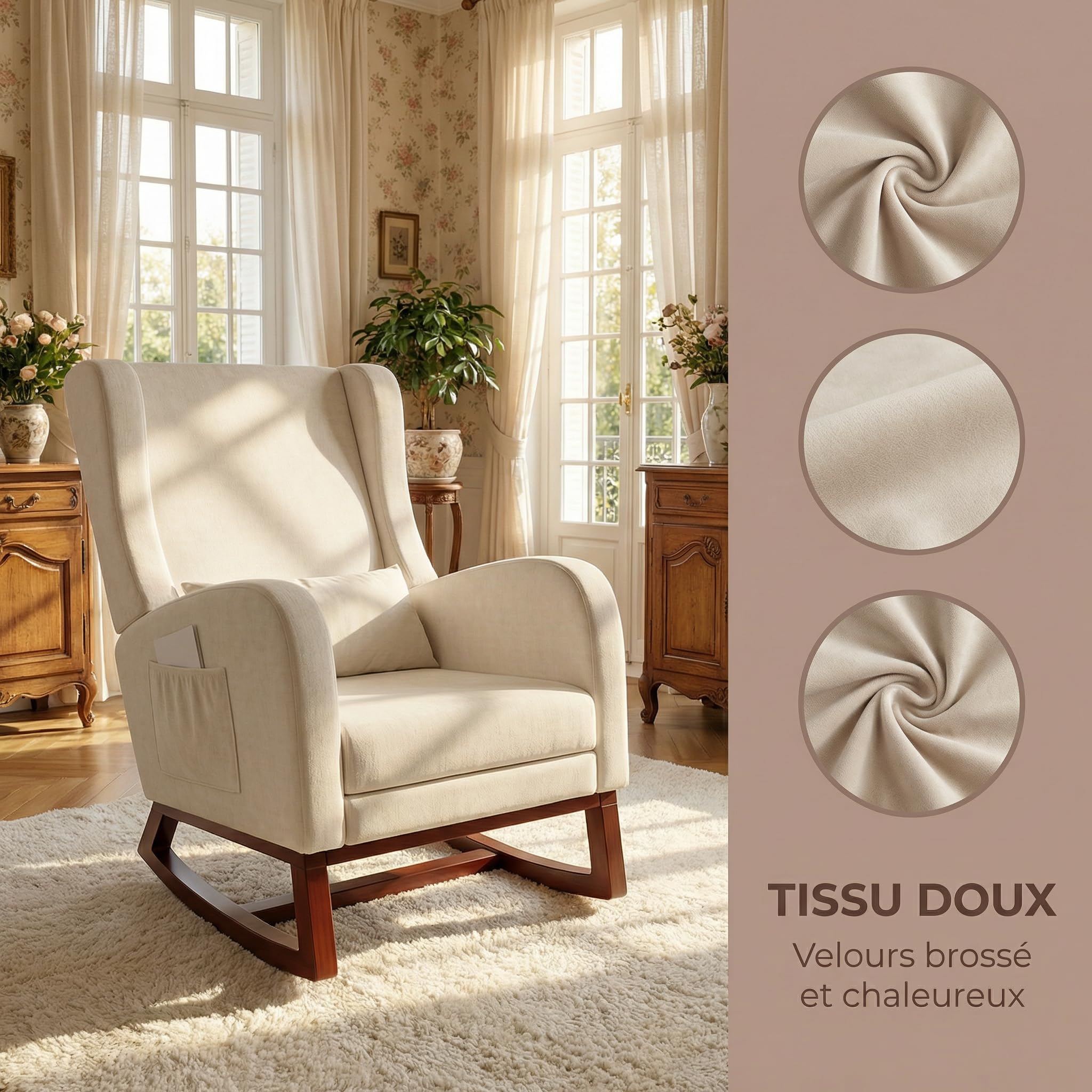 Fauteuil à Bascule, avec accoudoirs et Poches latérales, Chaise d'allaitement Ergonomique avec Coussins, Structure en Bois Massif, Chaise Longue pour Salon ou Chambre (Beige + Velours Givré)