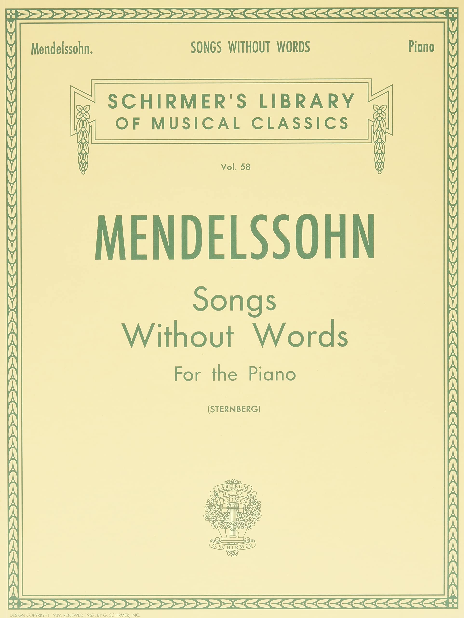 Mendelssohn - Songs Without Words for the Piano Sheet Music Book Classical Romantic Collection Schirmer Library Vol. 58