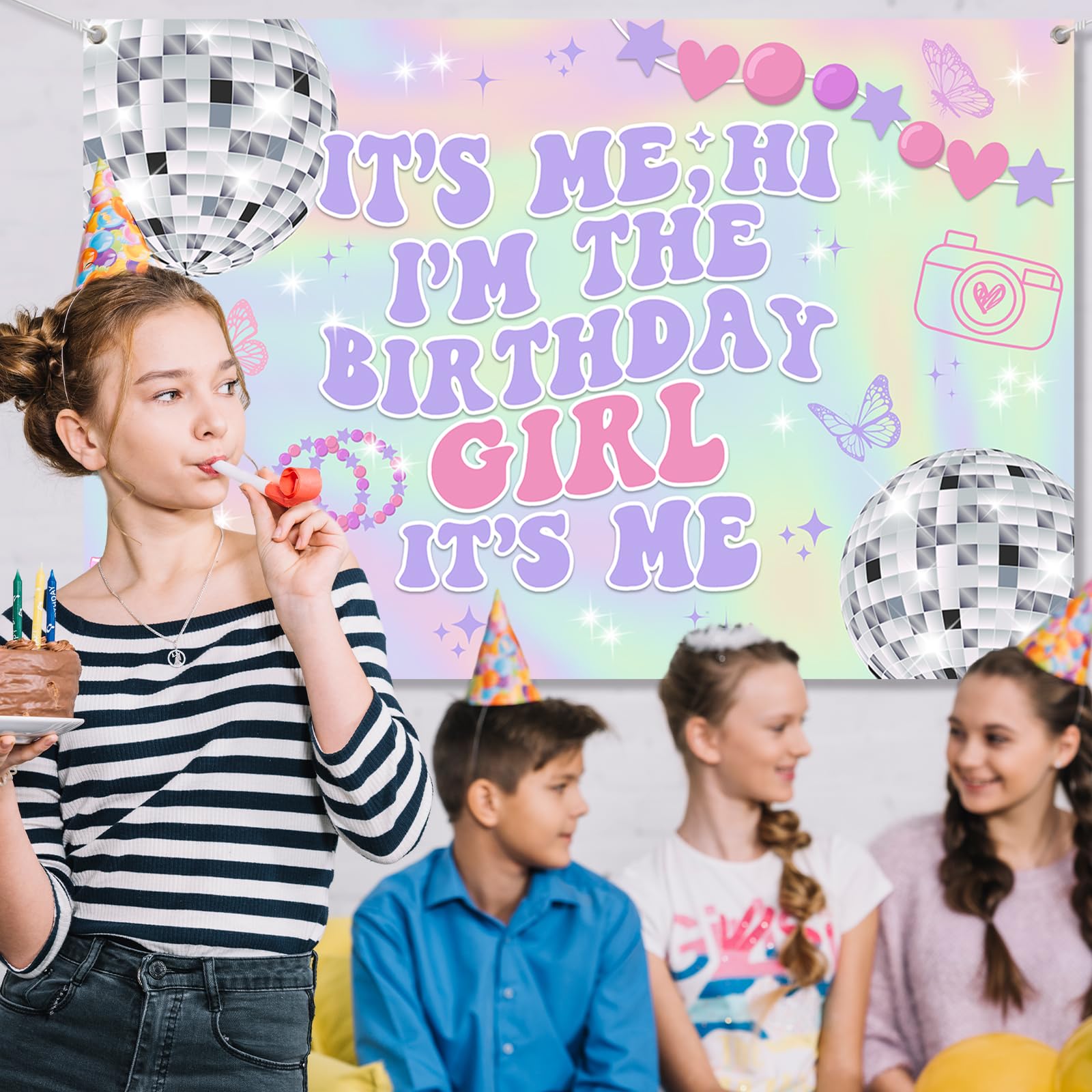 "It's Me, Hi, I'm The Birthday Girl" Iridescent Banner - Funny Birthday Decor