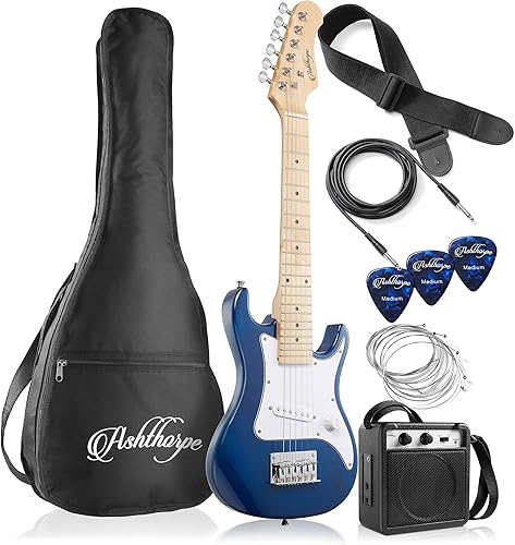 Miniatura 1 de Ashthorpe Kit de guitarra eléctrica para principiantes de 30 pulgadas con amplificador (azul), paquete básico de inicio con bolsa de concierto,