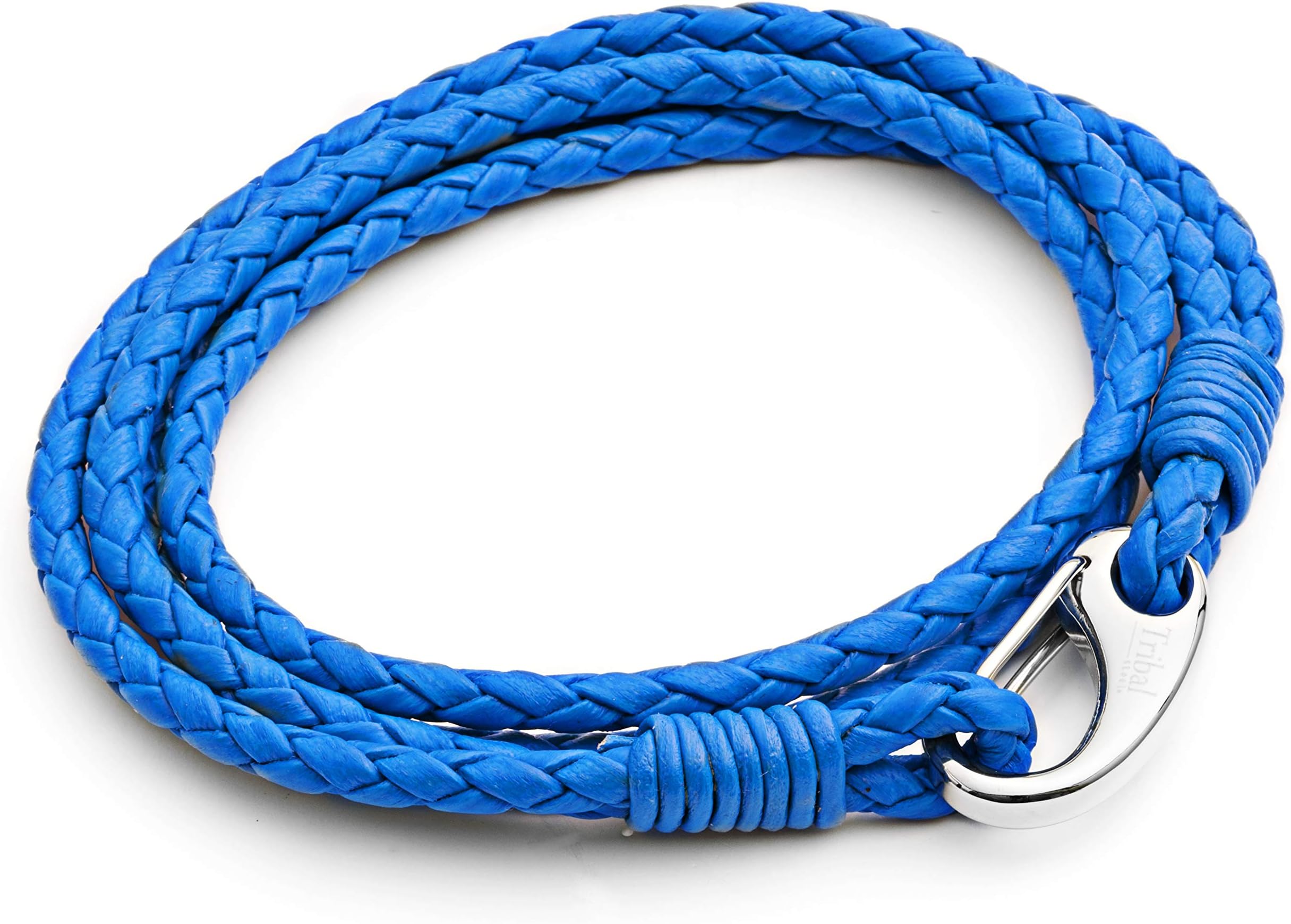 Tribal Steels. by MidhavenMens Vibrant Blue Plaited Leather Double Wrap Bracelet with Stainless Steel Shrimp Clasp 21cm by Tribal Steel for Men