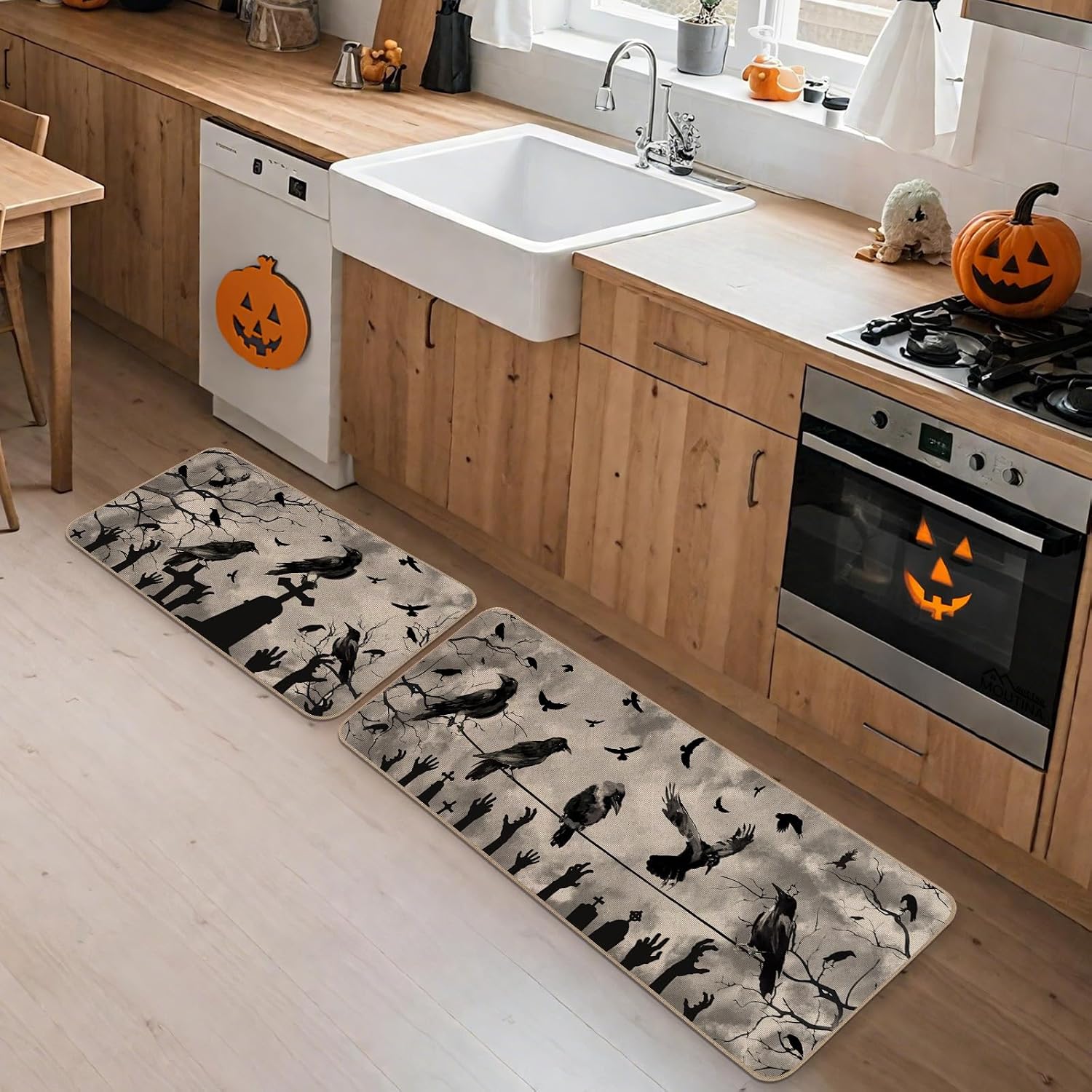 Moutina Gothic Crows Halloween Kitchen Rugs Set of 2, Halloween Holiday Party Home Decor Low-Profile Kitchen Mats for Floor - 17x29 and 17x47 Inch