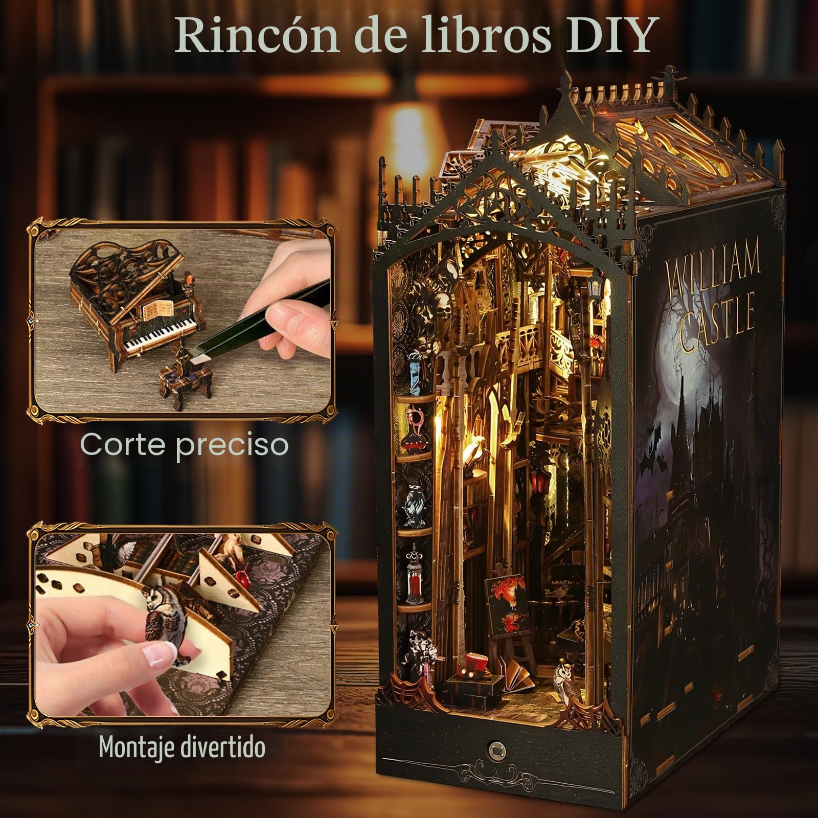 hzuisst Book Nook, DIY Miniature House de Madera, Book Nook Libreria con Luz con Sensor LED, DIY Book Nook Kit Maquetas para Adolescentes Construir