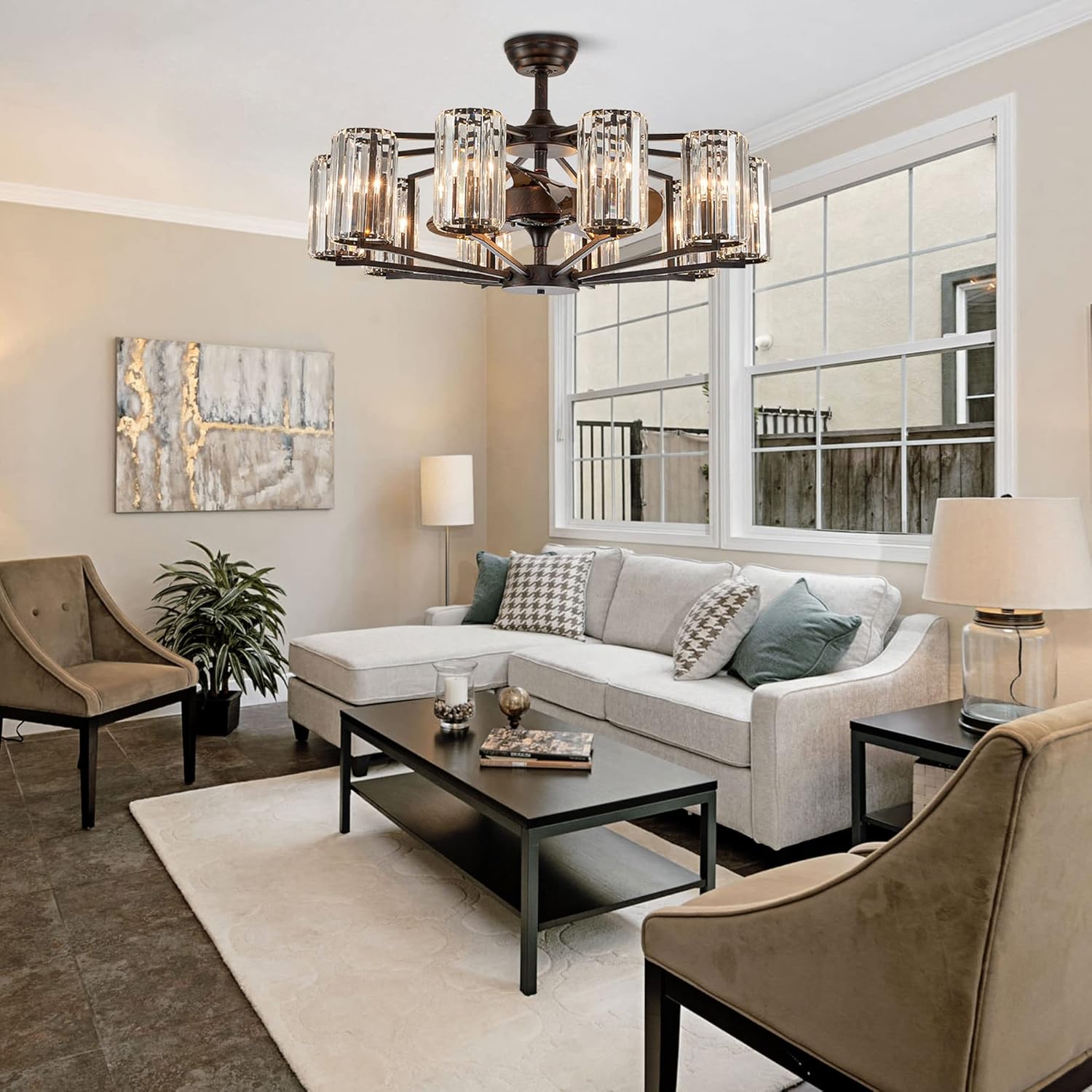 Large Crystal Caged Ceiling Fan with Light 10 Lights Vintage Bronze Crystal Chandelier Fan 34" Flush Mounted Ceiling Fan Light Fixture for Living Room Dining Room Hotel Foyer
