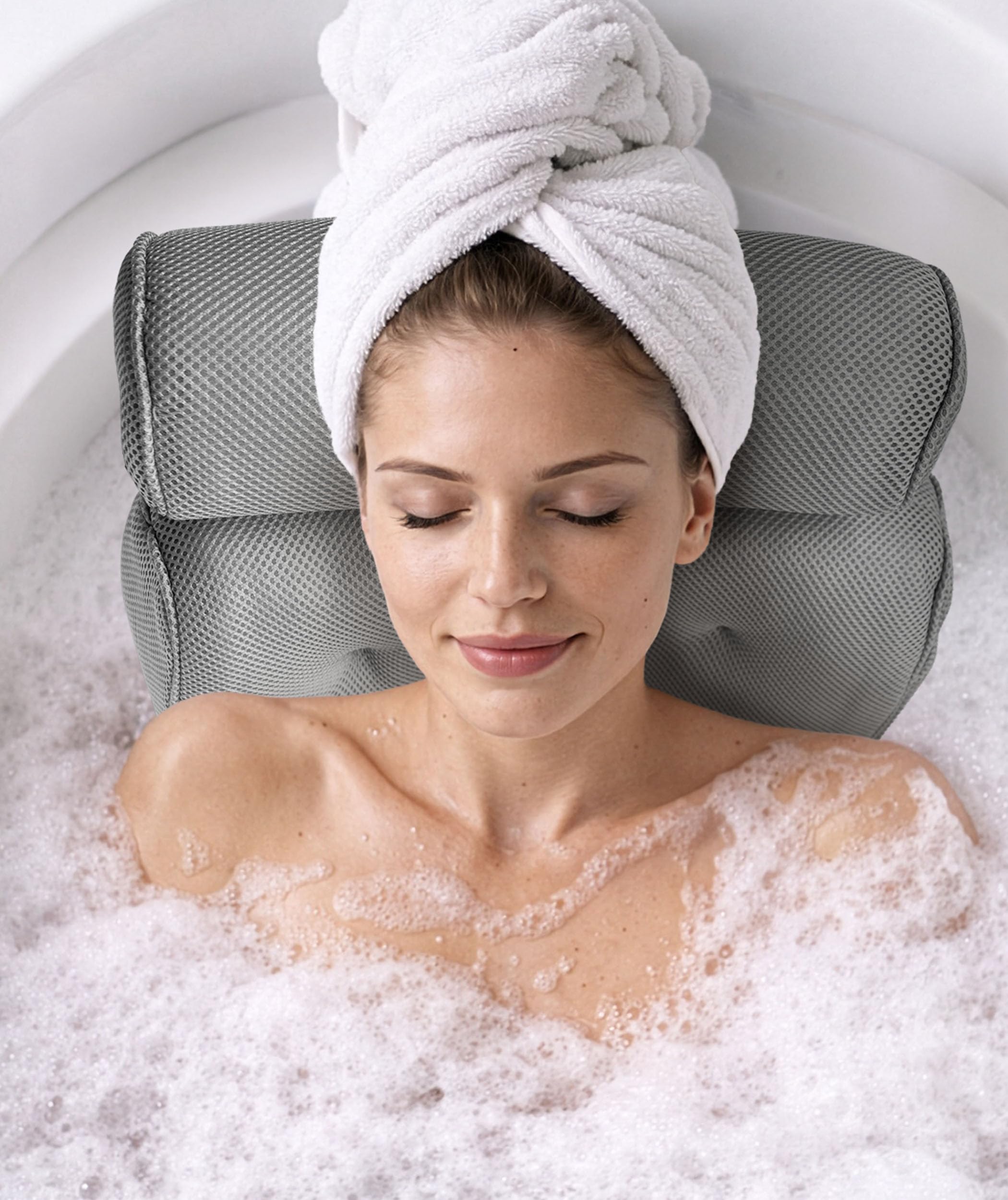 Everlasting Comfort Luxus-Badekissen für die Badewanne mit Kopf & Nackenstütze - Rutschfestes Badewannenkissen mit Saugnäpfen, schnelltrocknendem Meshgewebe, Aufhängehaken, Jacuzzi & Spa-Zubehör, Weiß