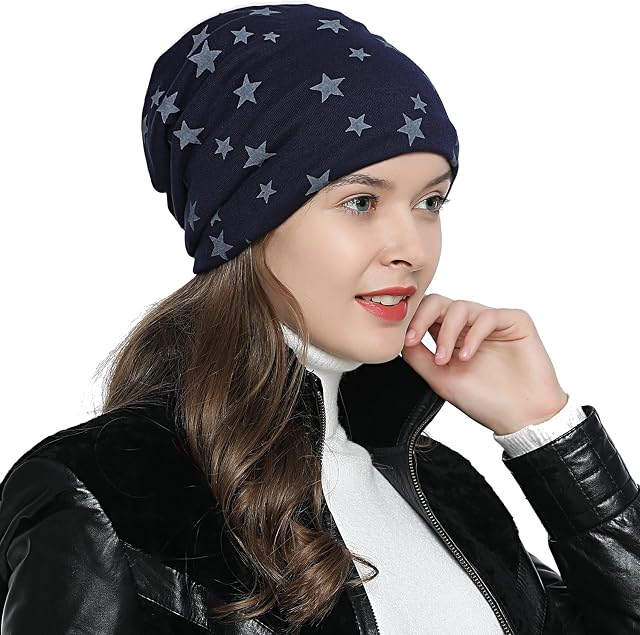 DonDon Damska czapka zimowa slouch beanie z podszewką i wzorem w gwiazdy