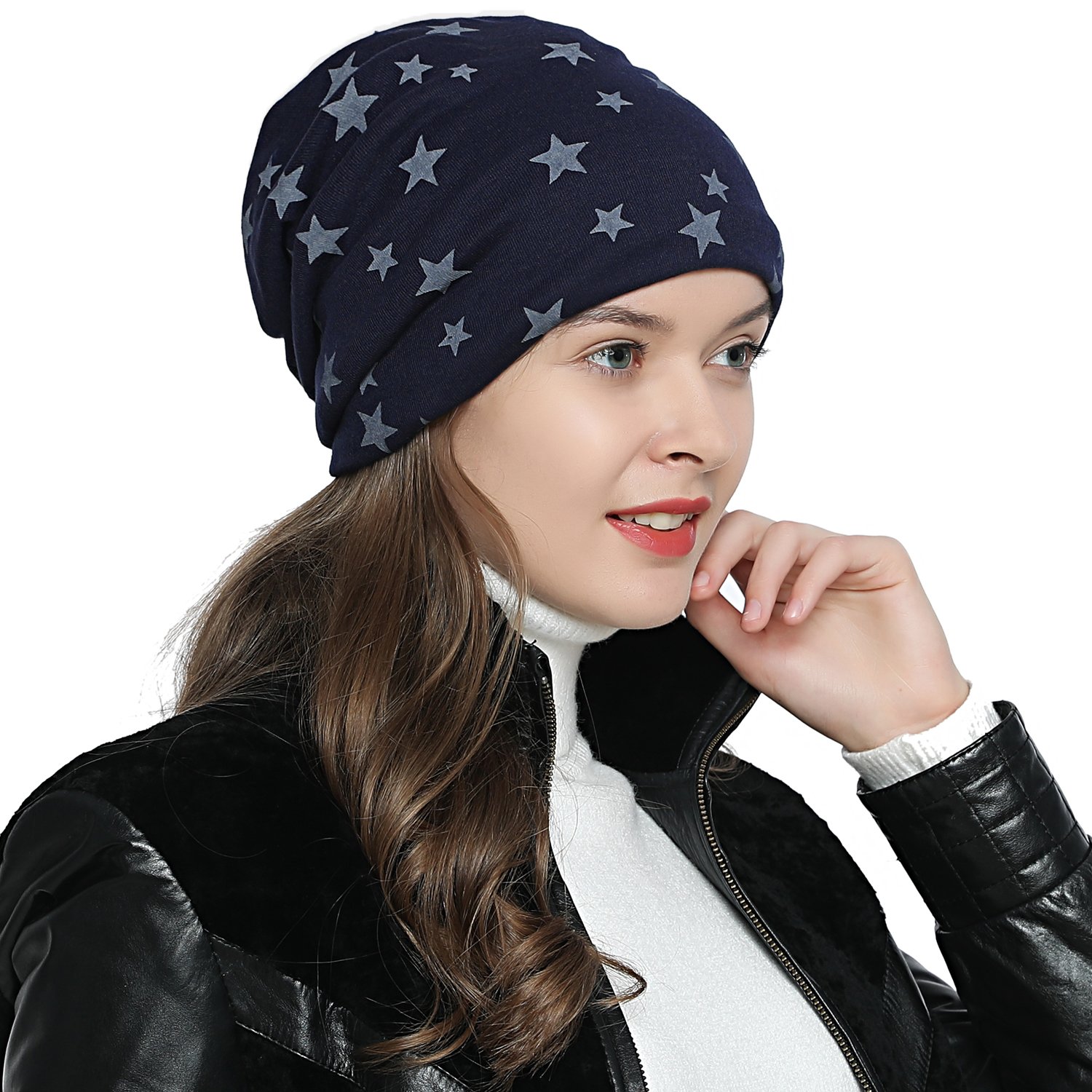 DonDon Slouch Beanie hat Women Winter hat lined with stars print - Dark blue