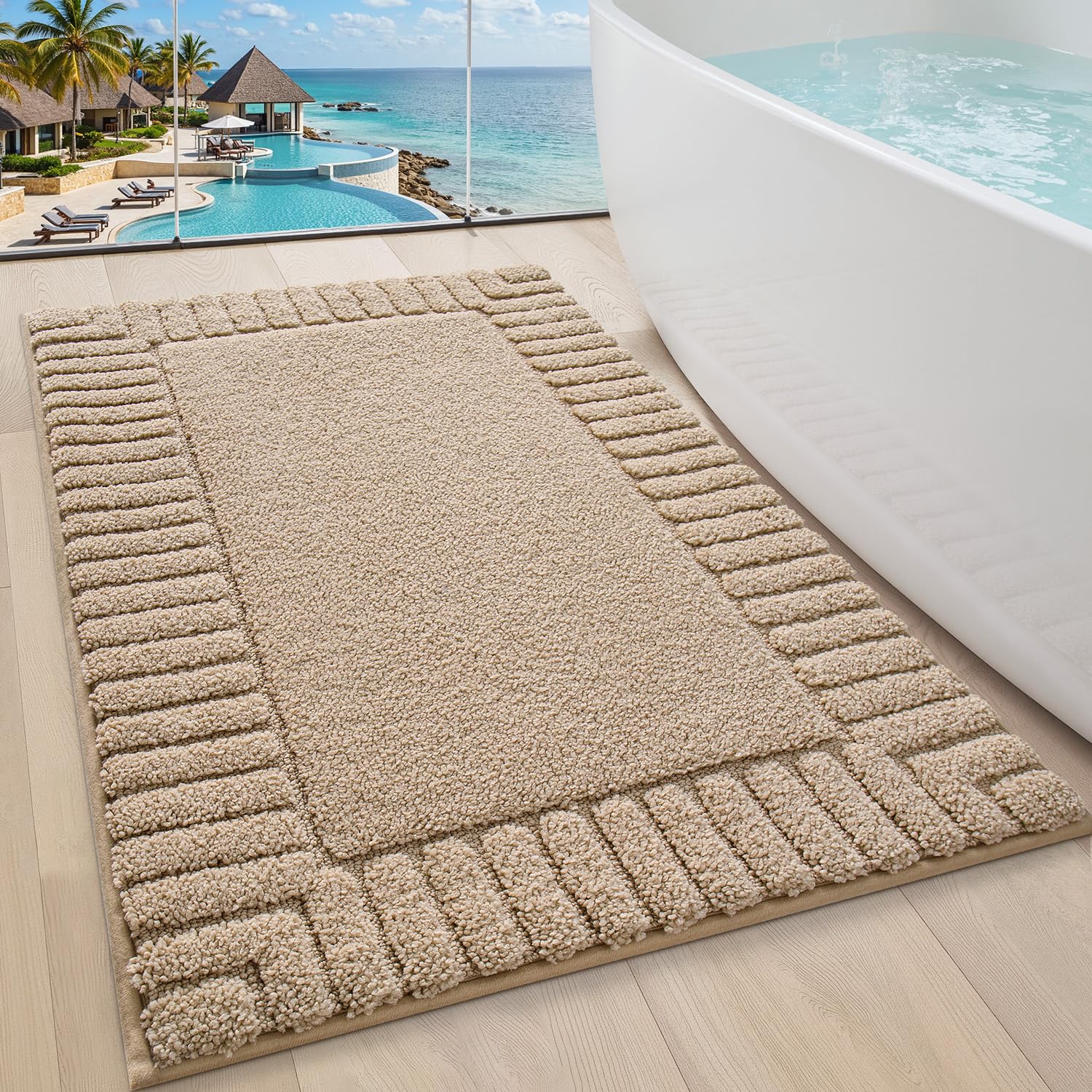 LUMI Alfombrilla de Baño Antideslizante con Base de Goma, Felpa Microfibra Extra Suave y Absorbente, Lavable a Máquina y Secado Rápido para Bañera, Ducha y Hotel, Beige, 60 x 90 cm