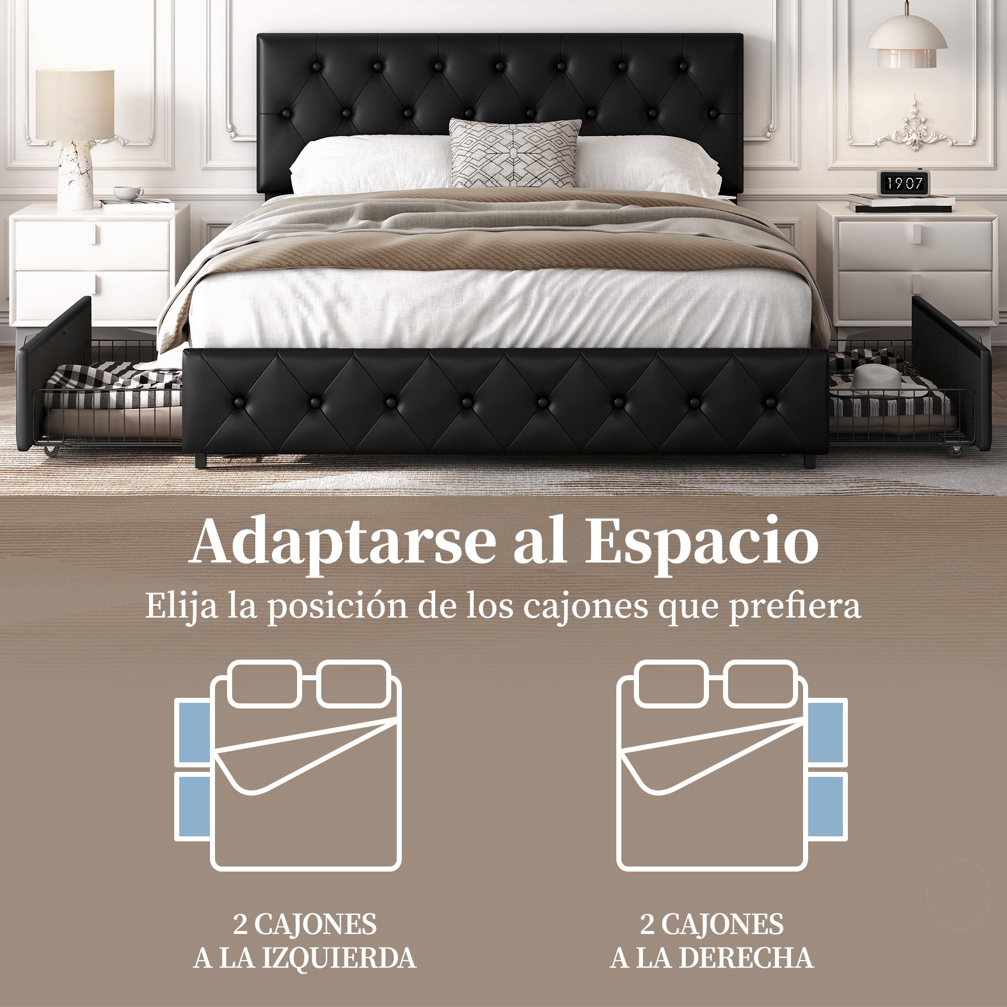 Yaheetech Cama Tapizado con Cabecero Ajustable en Altura 2 Cajones con Ruedas Espacio de Almacenamiento Cama Doble Matrimonial 160 x 200 cm Negro