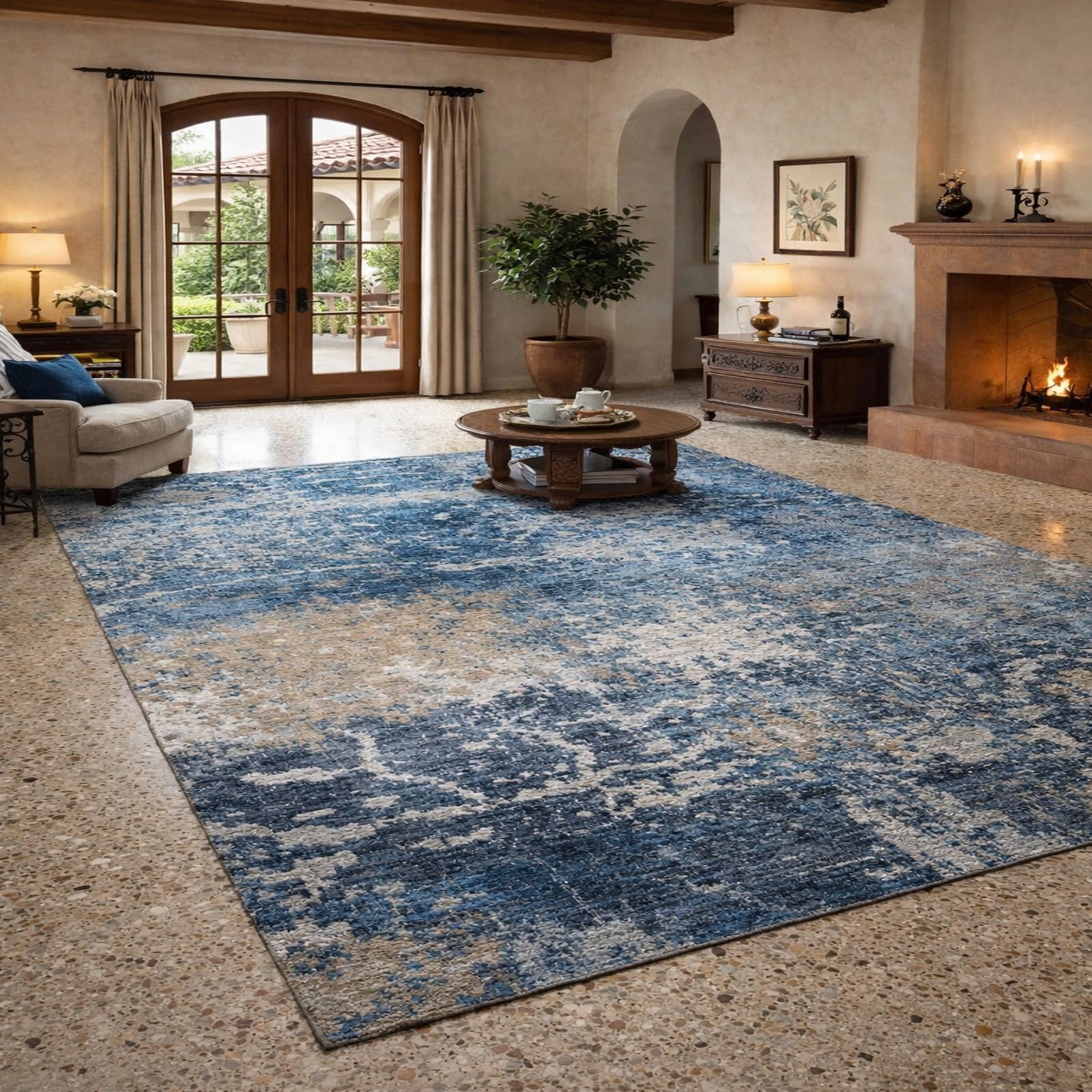 Tapis de salon lavable 120x180cm bleu anti-glisse pour cuisine