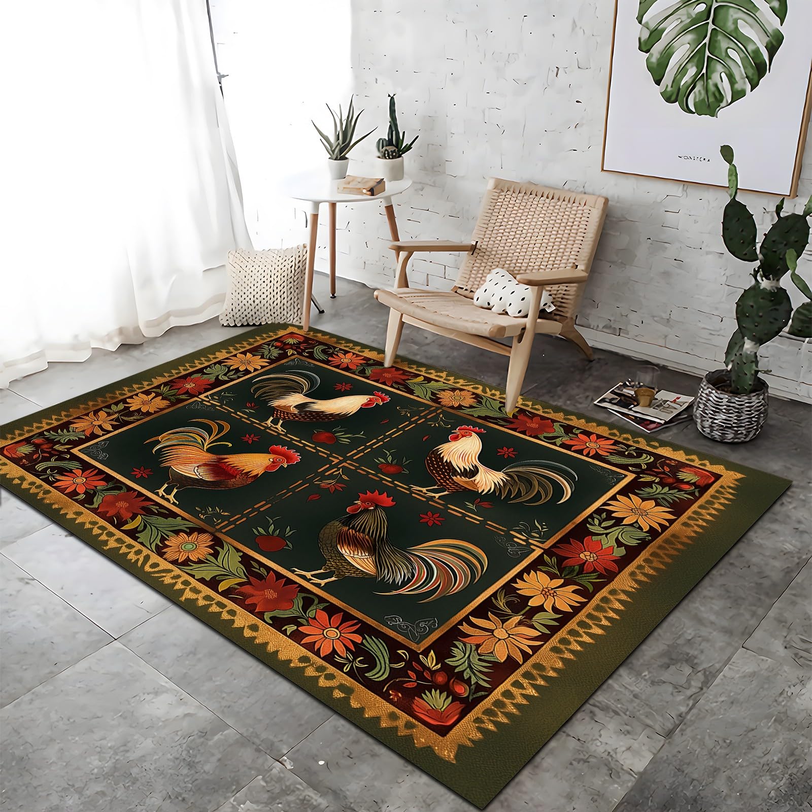 Tapis cuisine coq de fleurs antidérapant pour une ambiance de campagne