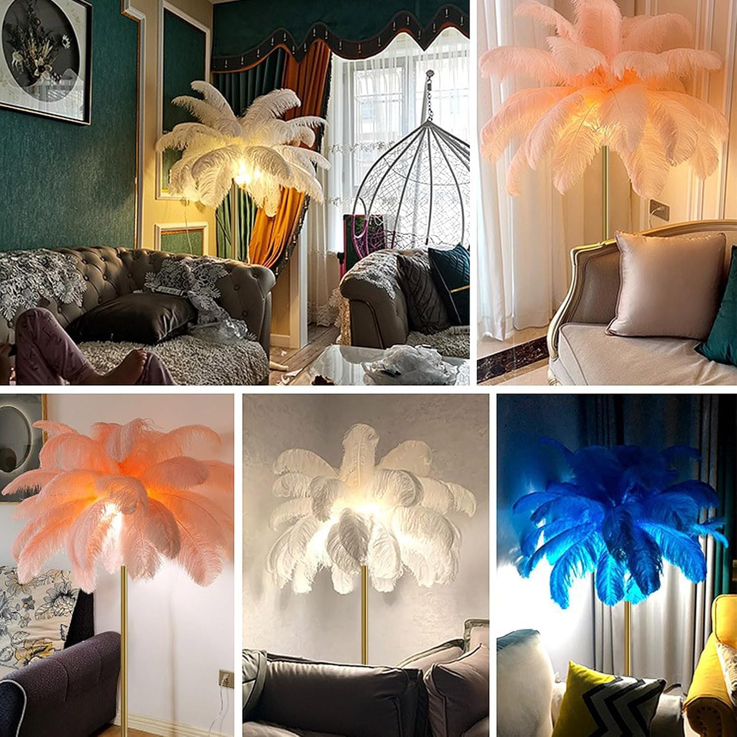 Nowoczesna lampa podłogowa z piórami - złoty elegancki design, 3-kolorowa ściemniana dioda LED, do salonu i sypialni, ze sterowaniem dotykowym
