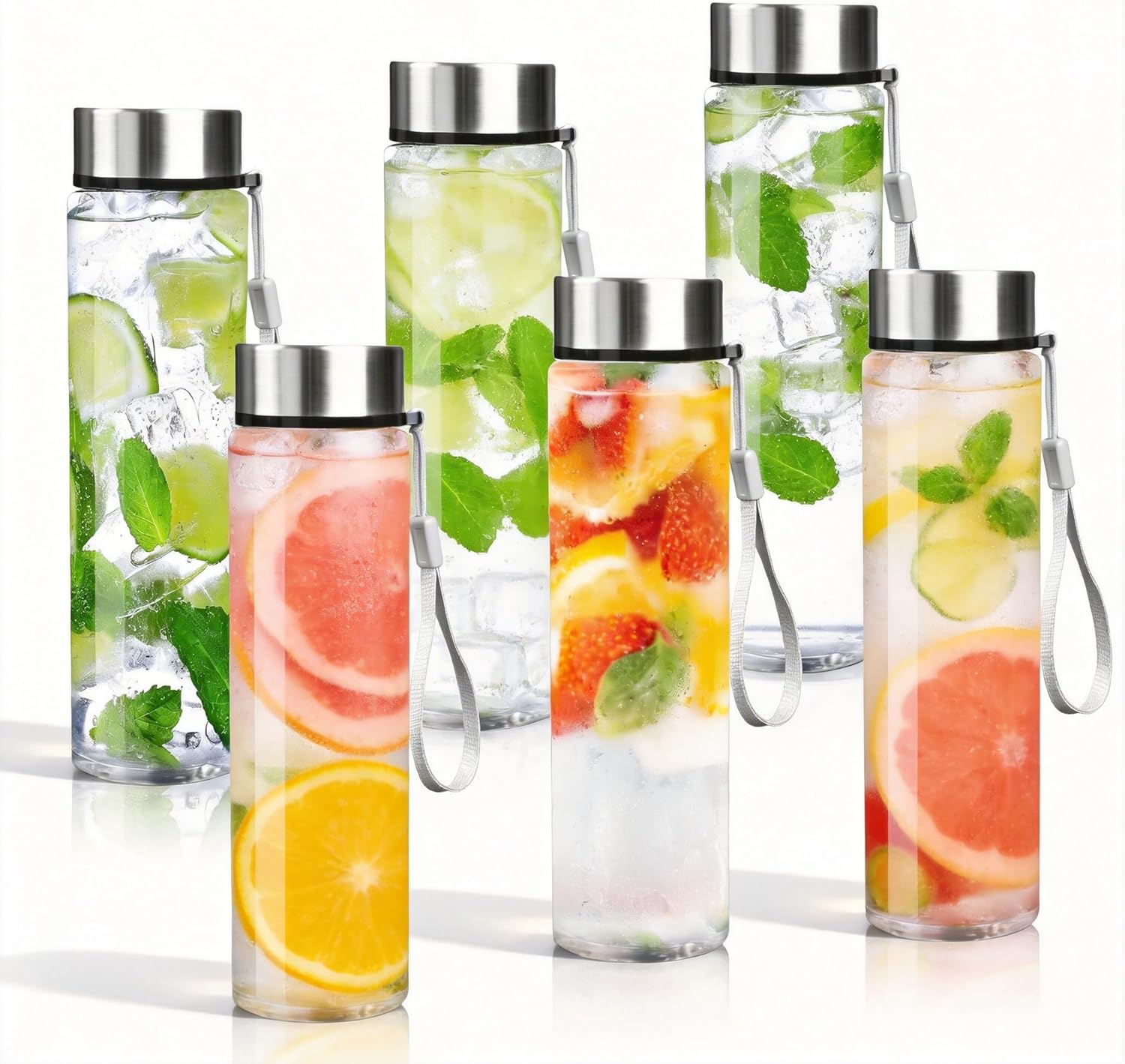 Juice Bottles - 6 Pack Wide Mouth 18Oz Bottles with Lids, Reusable Clear Water Bottles with Stainless Steel Airtight Cap for Juicing, Protein, Smoothie, Milk, 100% Leak Proof Drinking Jar