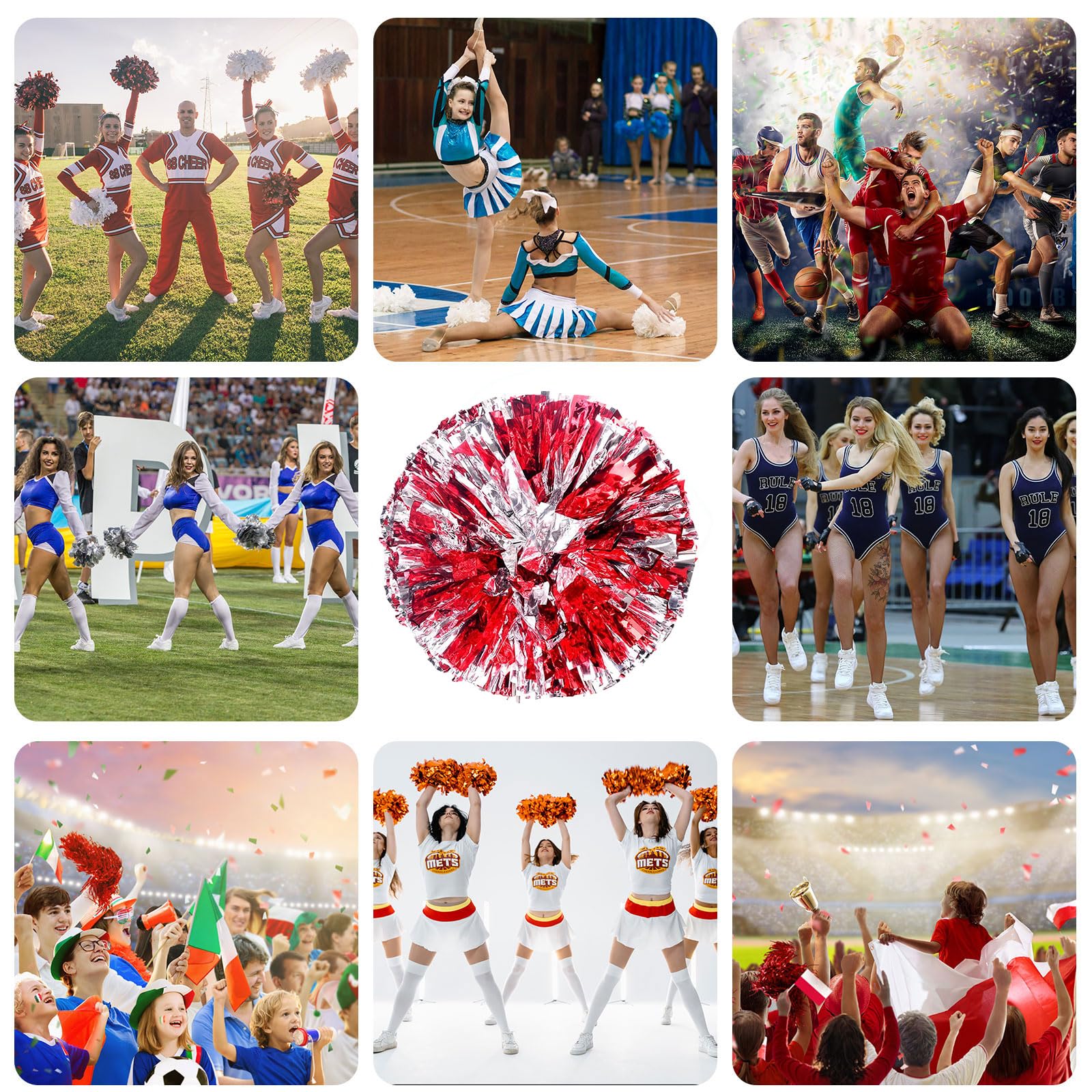 Pompony Cheer 26 szt. z uchwytem na cztery palce, ręczne pompony drużyny cheerleaderek do drużyny sportowej, gry ducha, na imprezę taneczną dla dorosłych (czerwone + srebrne)