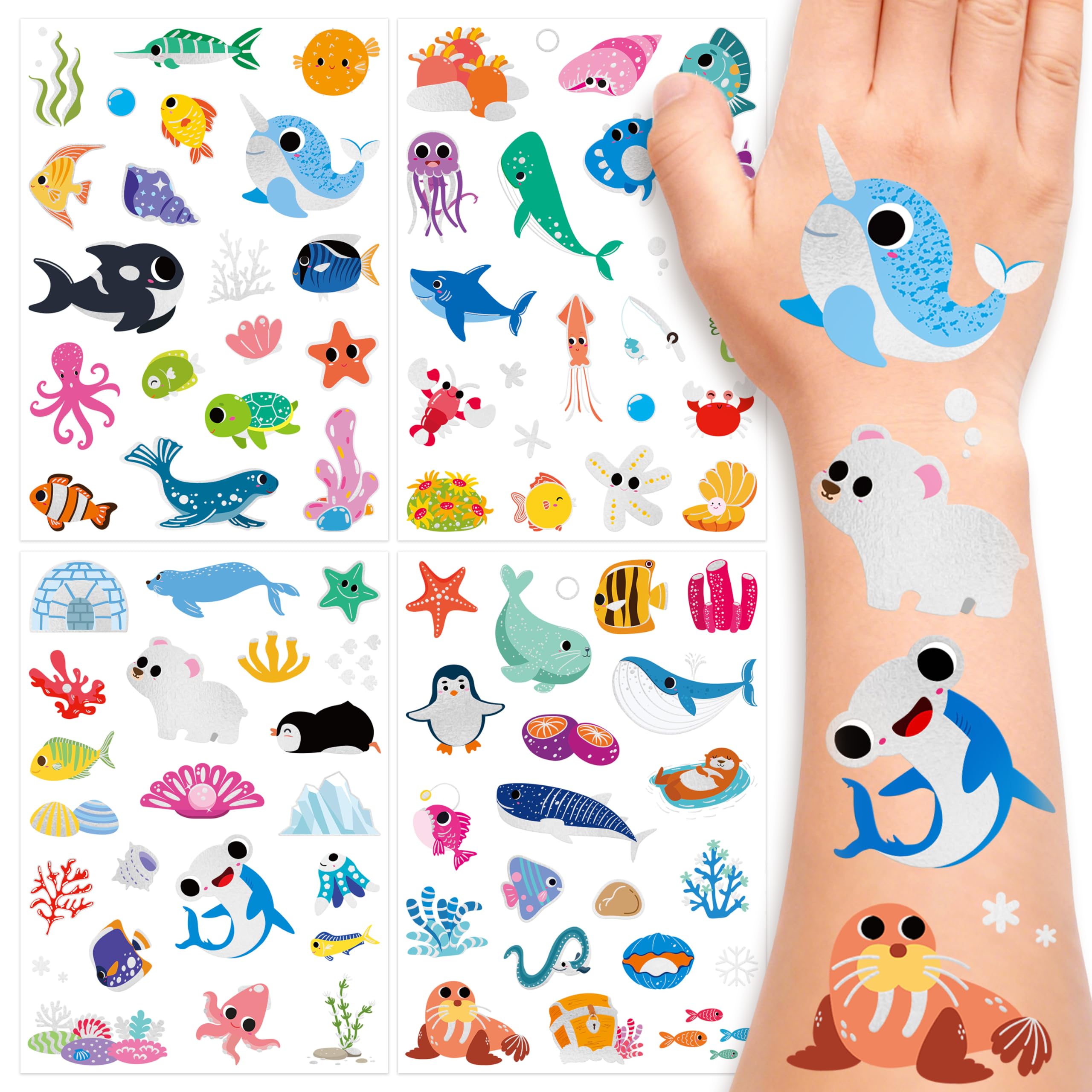 Silver Foil Ocean Animal Temporary Tattoos for Kids, 80+ Polar Bear Penguin Shark Whale Sea Life Tattoos, 4 Sheets Waterproof Fake Tattoo Stickers for Birthday Party Favors & Decorations Silver Arctic Sea