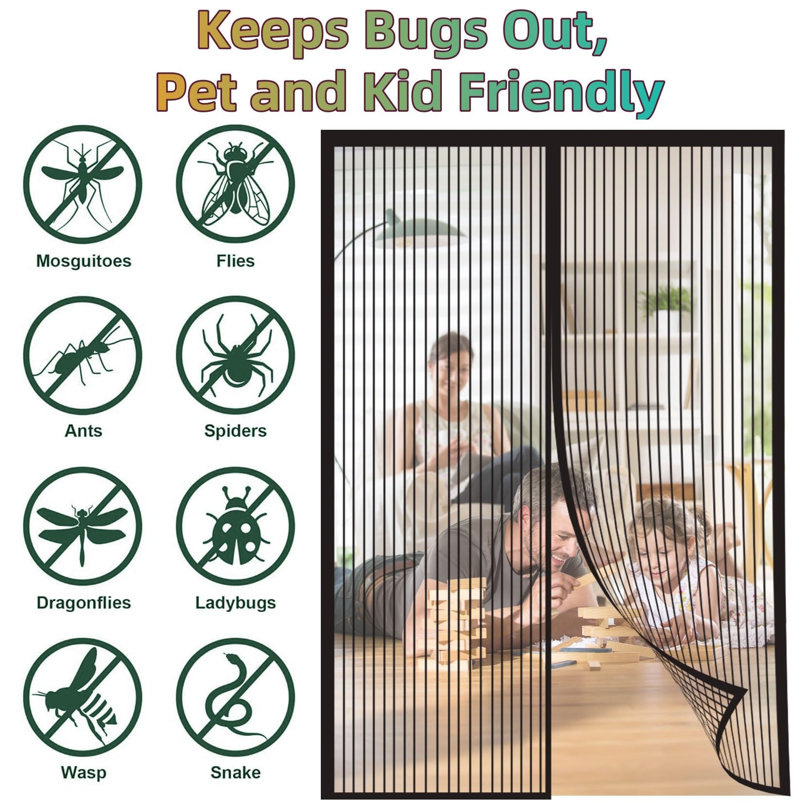 Fliegengitter Balkontür Magnet 136 x 195 cm (Anpassbar) Extra Starke Magnete Magnet-Verschluss Magnet Insektenschutz Balkontür Kinderleichte Klebemontage Ohne Bohren für Fenster Schiebetür, Schwarz
