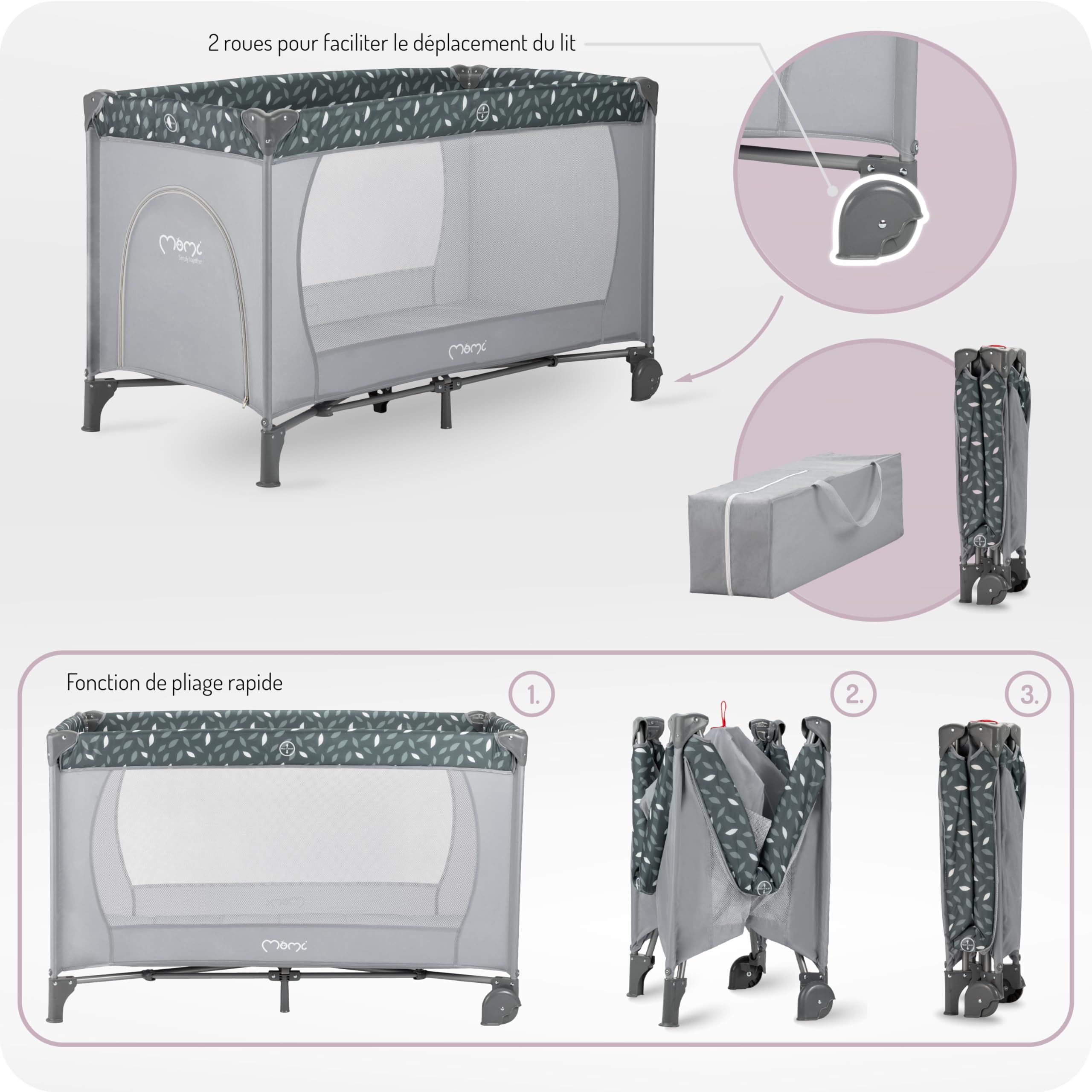 Momi Lit de Voyage BELOVE, pour Les Enfants Jusqu’à 15 kg de Poids corporel, Largeur 65 x Longueur 125 x Hauteur 78 cm (plié 21 x 23 x 80 cm), lit de Voyage pour Enfants avec Matelas, 2 Roues