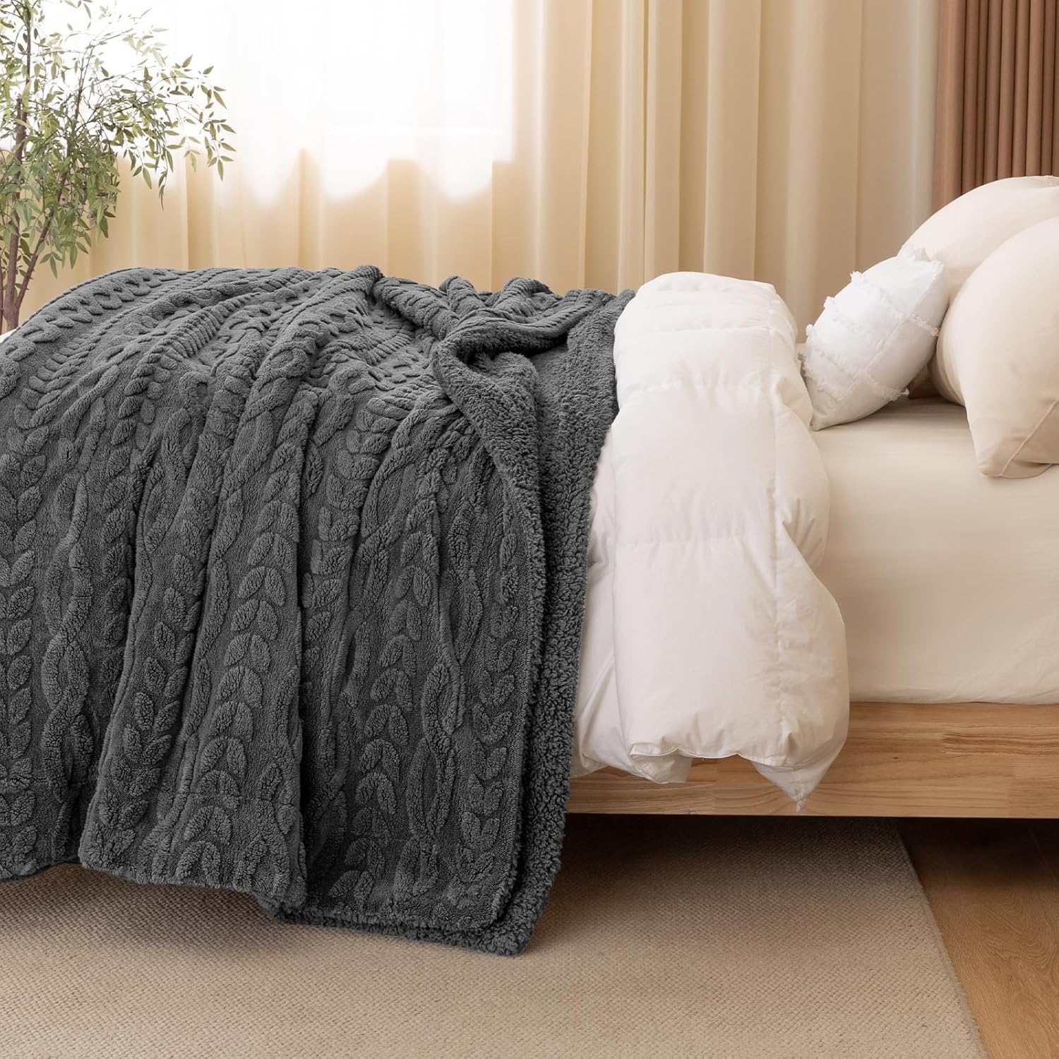 PHF Fluffy Sherpa Blanket Queen Size for Winter, Warm and Soft, 510GSM 3D Jacquard Thick Shaggy Fleece Plush Blanket for Sofa Bed, Dark Grey, 90"x90" - Image 7