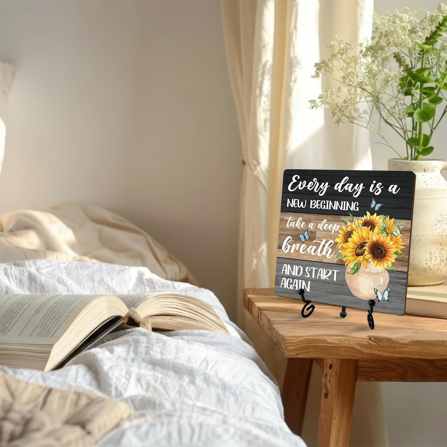 Sunflower Wooden Table Decor, Inspirational Sunflower Kitchen Decor and Accessories for Rustic Farmhouse, Butterfly Decoration for Home Bathroom Office Living Room (Multicolor Wooden textured) image 4