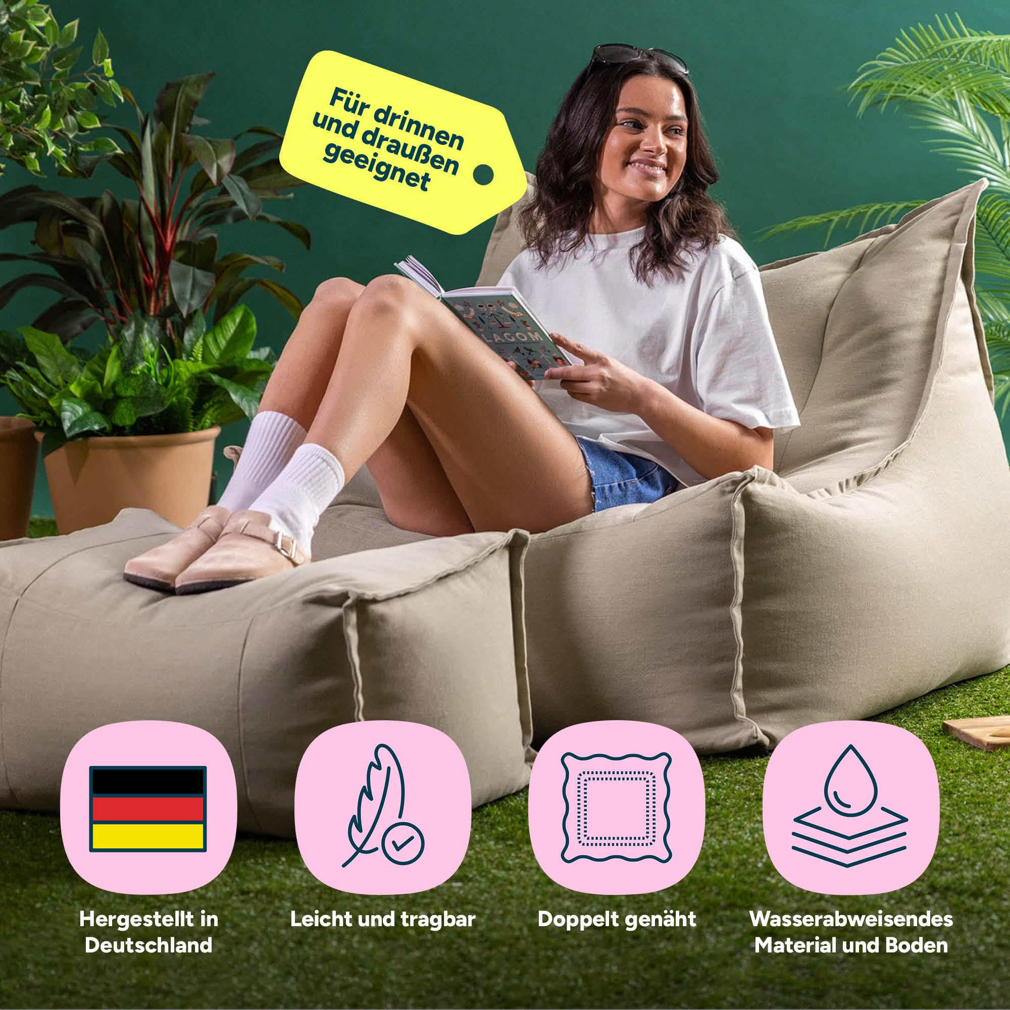 Icon Alto Outdoor Sitzsack Sessel mit Hocker, Beige, Olefin Stoff für Drinnen und Draußen, Riesen Sitzsack mit Füllung, Bequemer Sessel, Garten, Terrasse, Lounge, Wohnzimmer