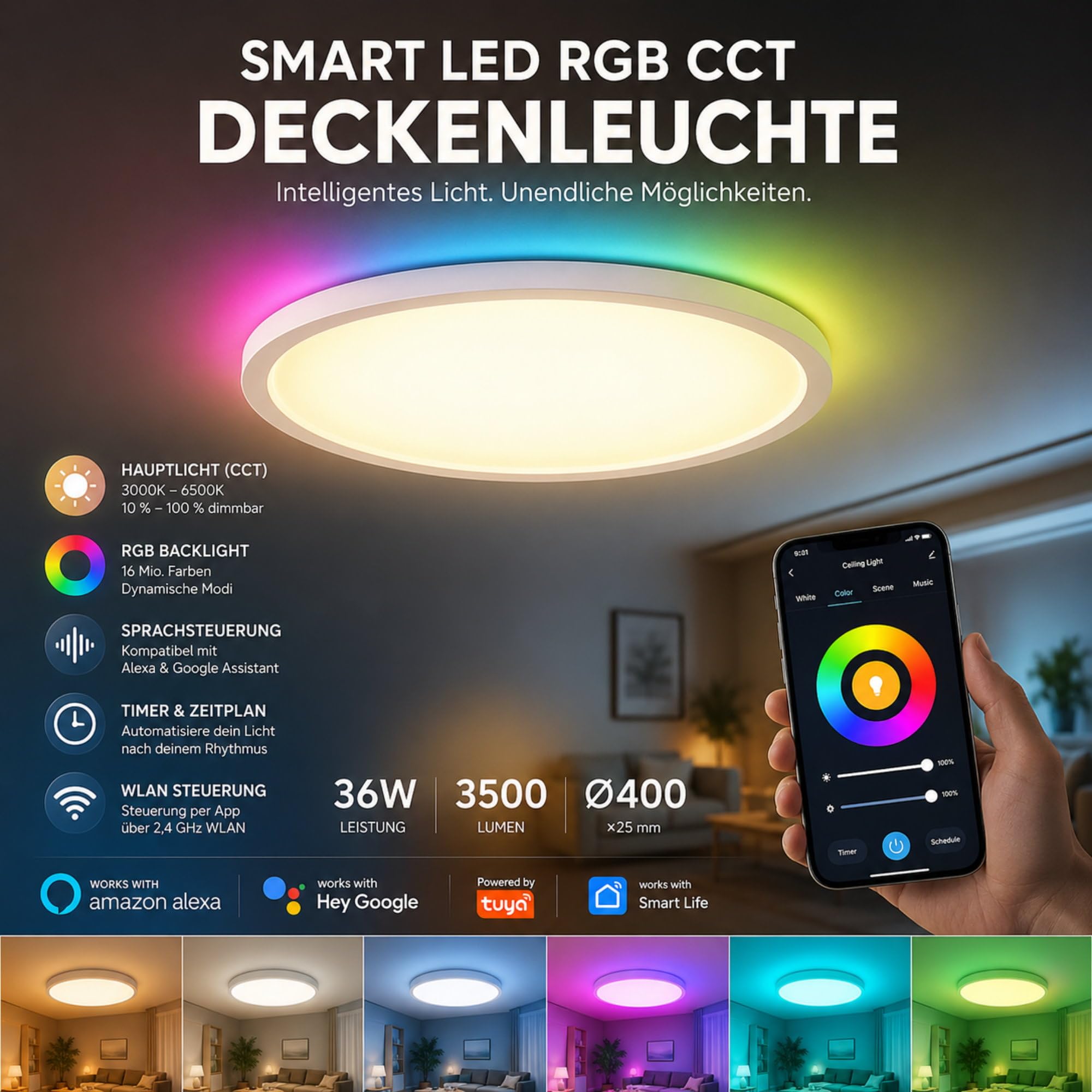 Smart LED RGB CCT lampa sufitowa panel 36 W, możliwość ściemniania, kompatybilna z Alexa, Google Home, sterowanie głosem