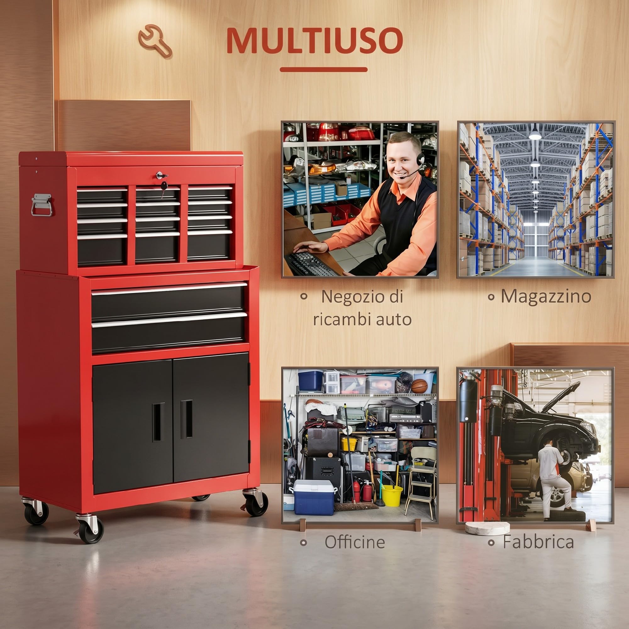 HOMCOM Carrello Portautensili 2 in 1 con 6 Cassetti e Armadietto Rimovibile, Carrello Porta Attrezzi con Serratura e Ruote, Cassettiera Officina in Acciaio per Garage 61.6x33x108 cm Rosso