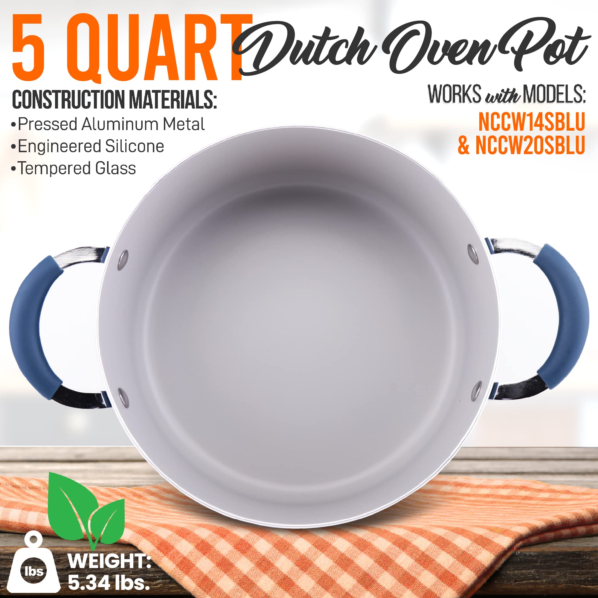 NutriChef Dutch Oven Pot with Lid - Non-Stick Kitchen Pasta Pot with See-Through Tempered Glass Lids, 5 Quart, Works with: NCCW14SBLU & NCCW20SBLU