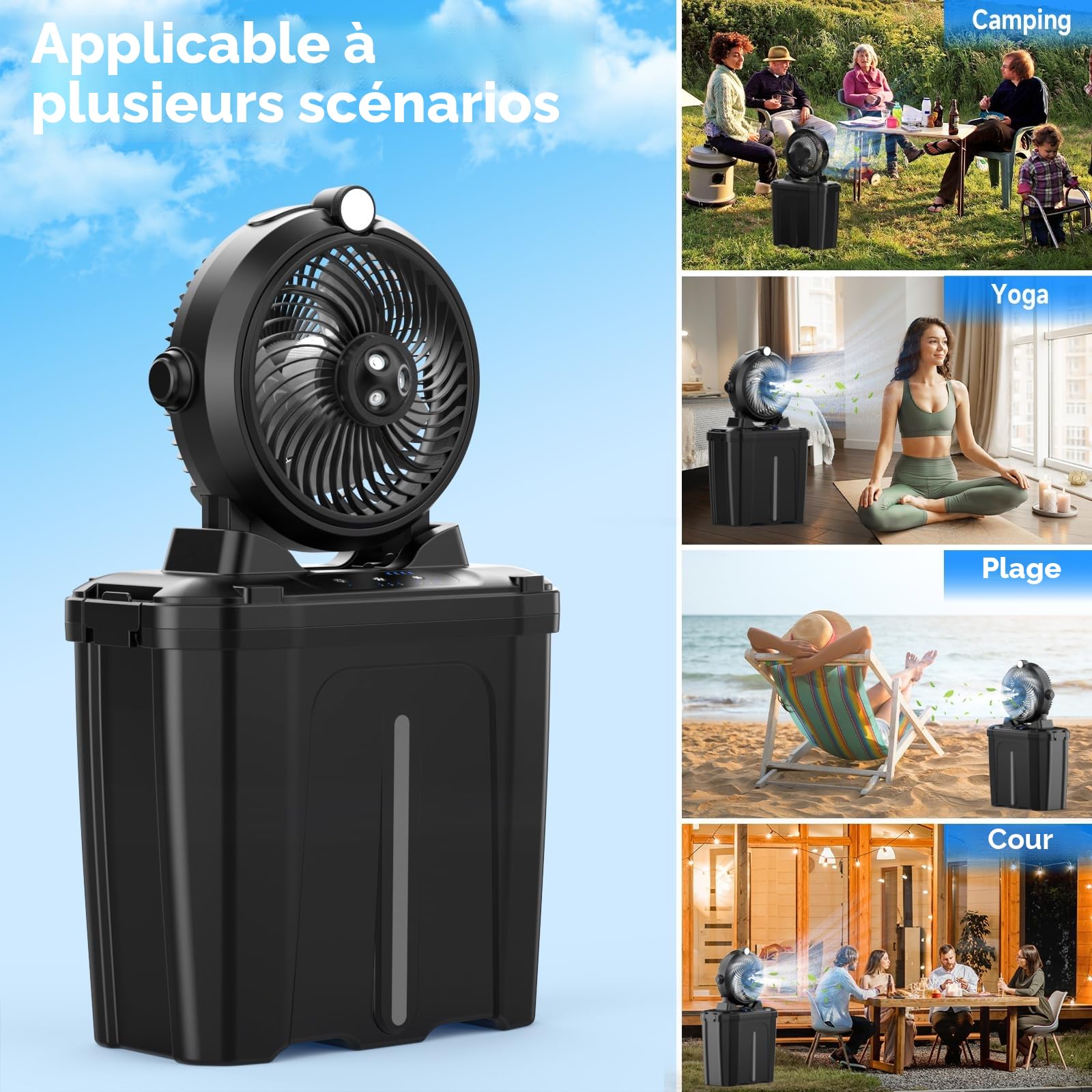Ventilateur Brumisateur Camping avec Seau de 11L & LED, 20000mAh Batterie Ventilateur Portable, 3 Vitesses, 3 Modes de Brumisation, Oscillation Verticale à 45°, Camping/Pêche/Voyage