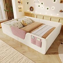 KOMHTOM Floor Bed 140 x 190 cm Velour, Removable Barriers Beige | Slatted frame, MDF, side pocket, height 42 cm, maximum load. 485 lbs,Mattress Not Included,Assembly Required