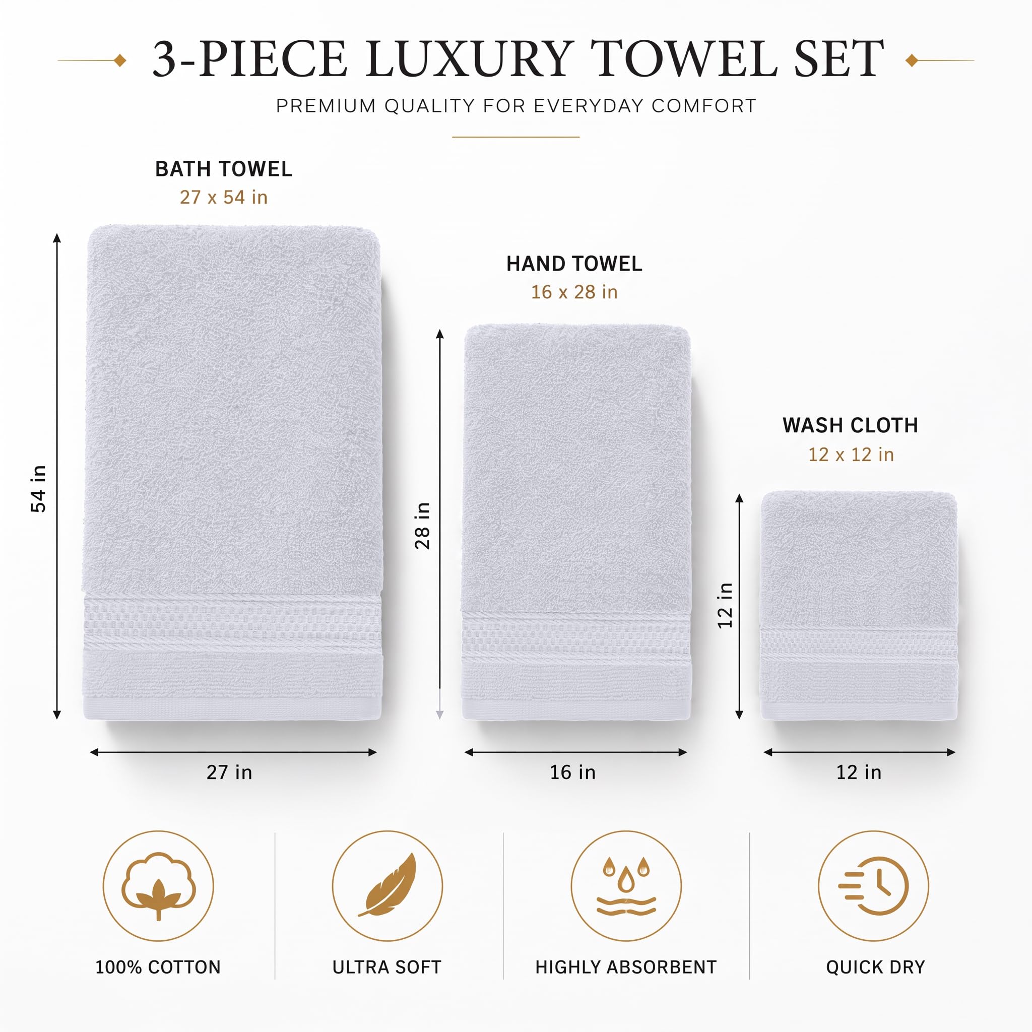 Dan River Juego de 3 Toallas de baño de 100% algodón de Lujo, máxima Comodidad y absorción para baño, Juego de Toallas de baño de Lujo para el hogar y el SPA (27 x 54 Pulgadas),