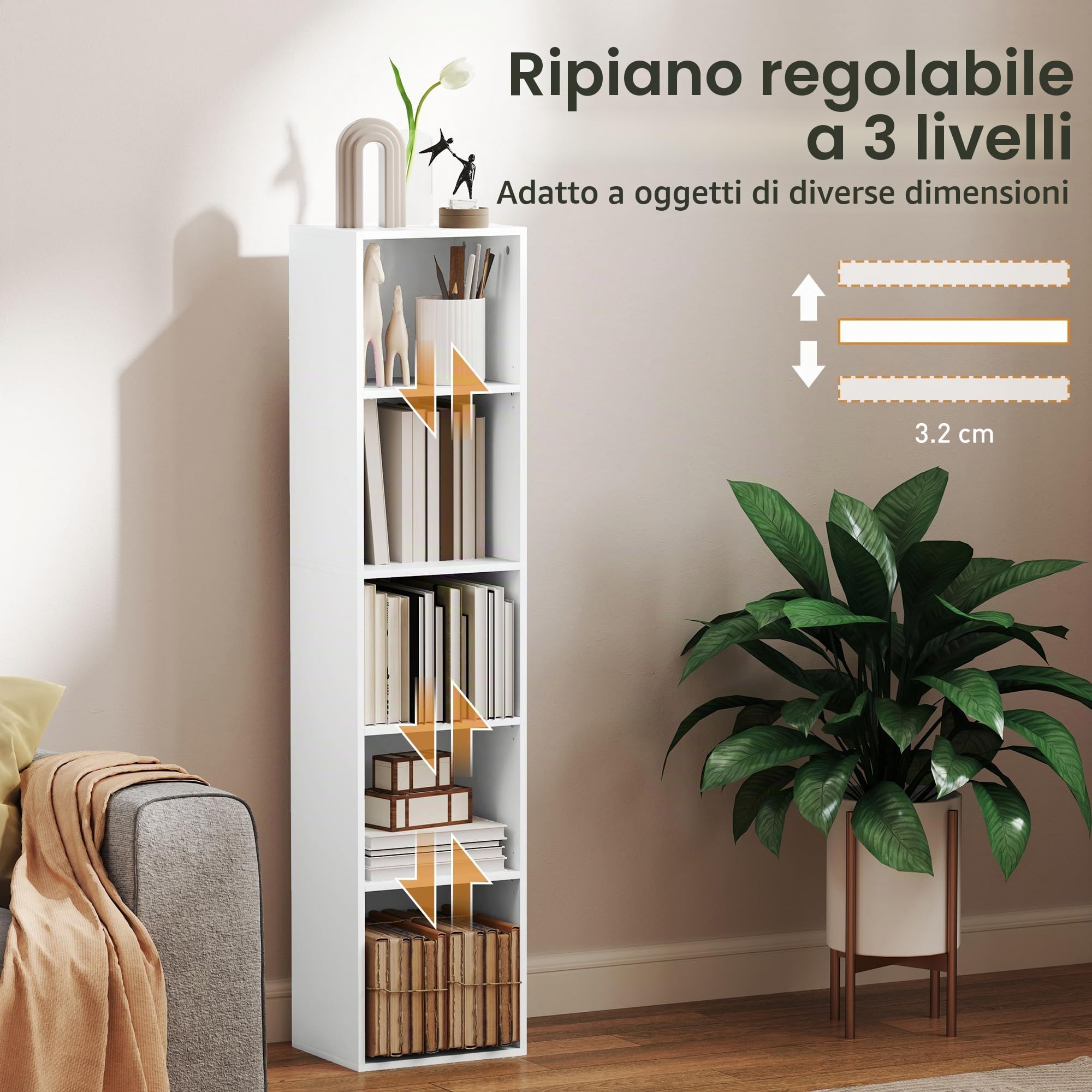 HOMCOM Libreria, scaffale portaoggetti a 5 livelli, mobile portaoggetti con ripiani regolabili per soggiorno, camera da letto, ufficio, 30 x 24 x 133,5 cm, bianco