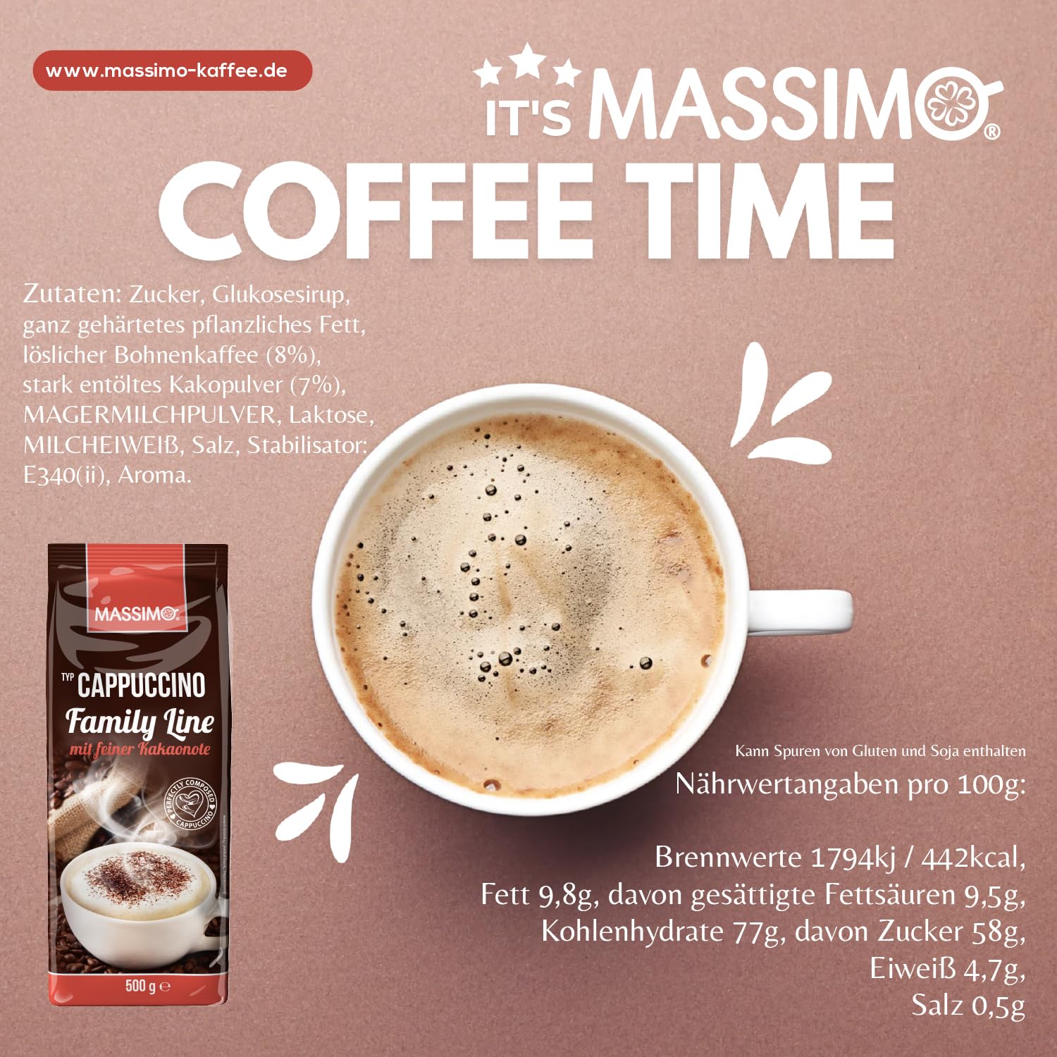 Massimo Cappuccino Family Line z delikatną nutą kakaową 10 x 500 g opakowanie ekonomiczne - pyszne cappuccino instant z nutą palonego kakao