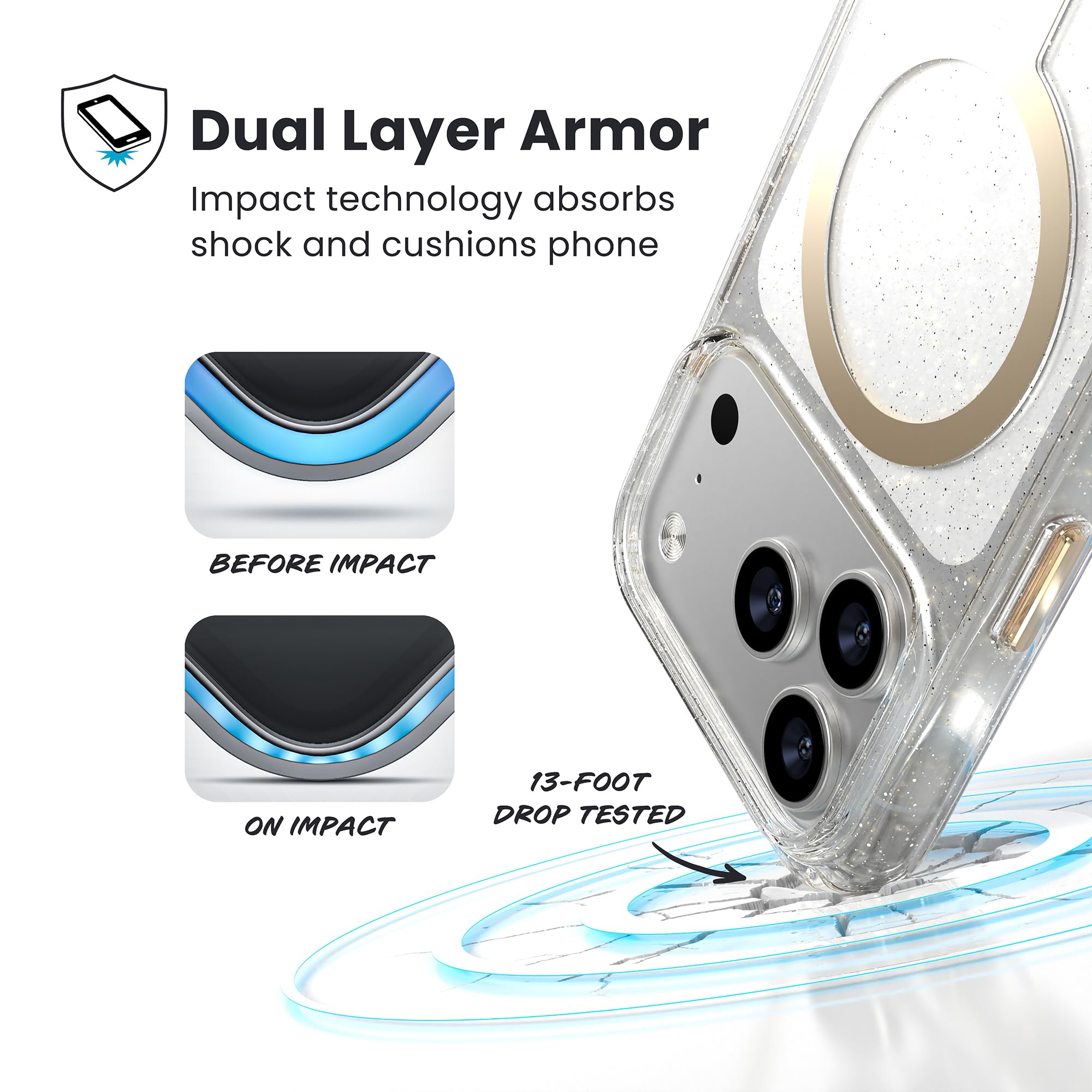 Speck Presidio LUX - Custodia protettiva sottile per iPhone 17 Pro, compatibile con MagSafe, glitterata/oro metallizzato