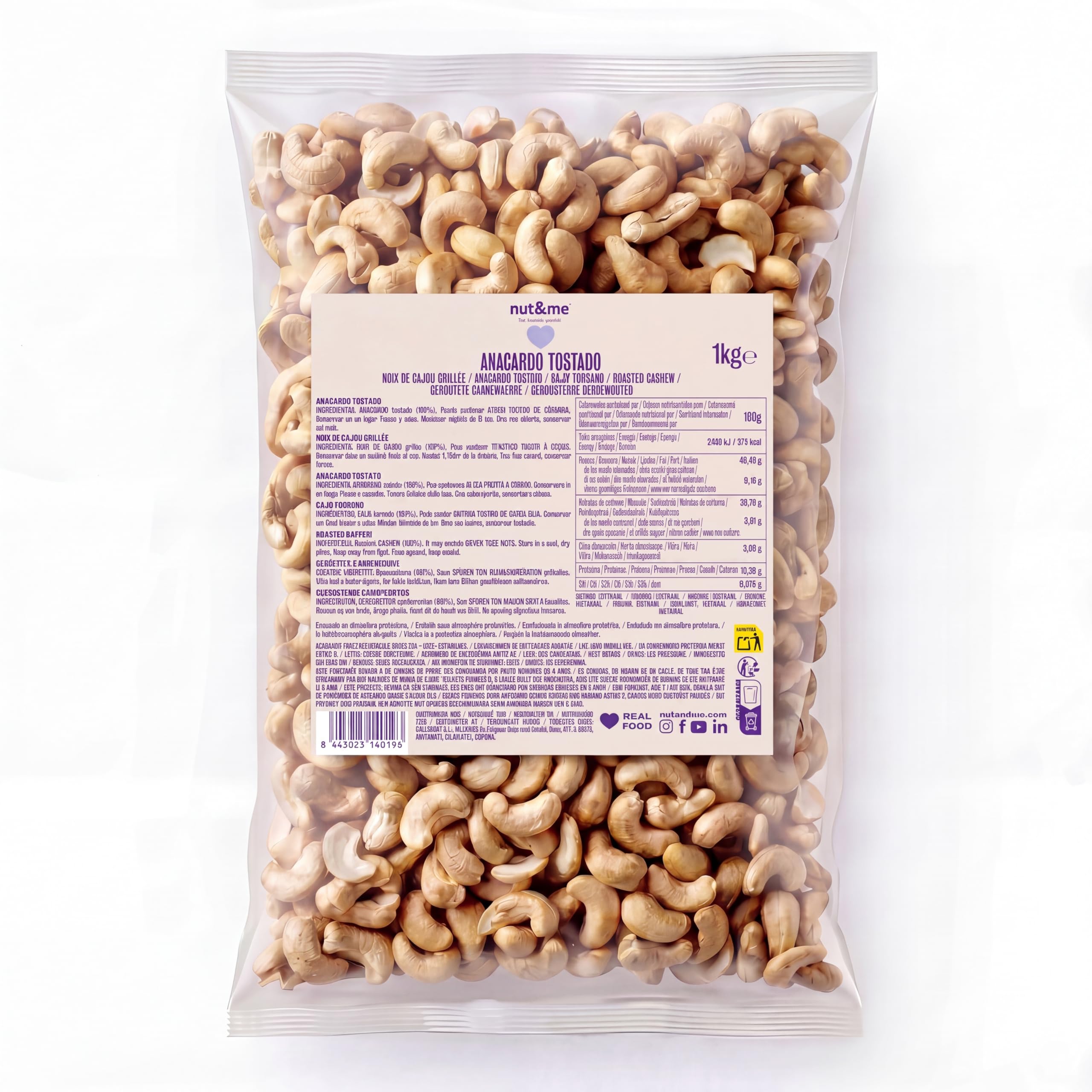 Anacardos enteros Tostados SIN SAL 1 kg nut&me | Sin Gluten | Vegano | Frutos secos 100% Naturales | Alto en proteínas | Snack saludable y sabroso | Crujientes |