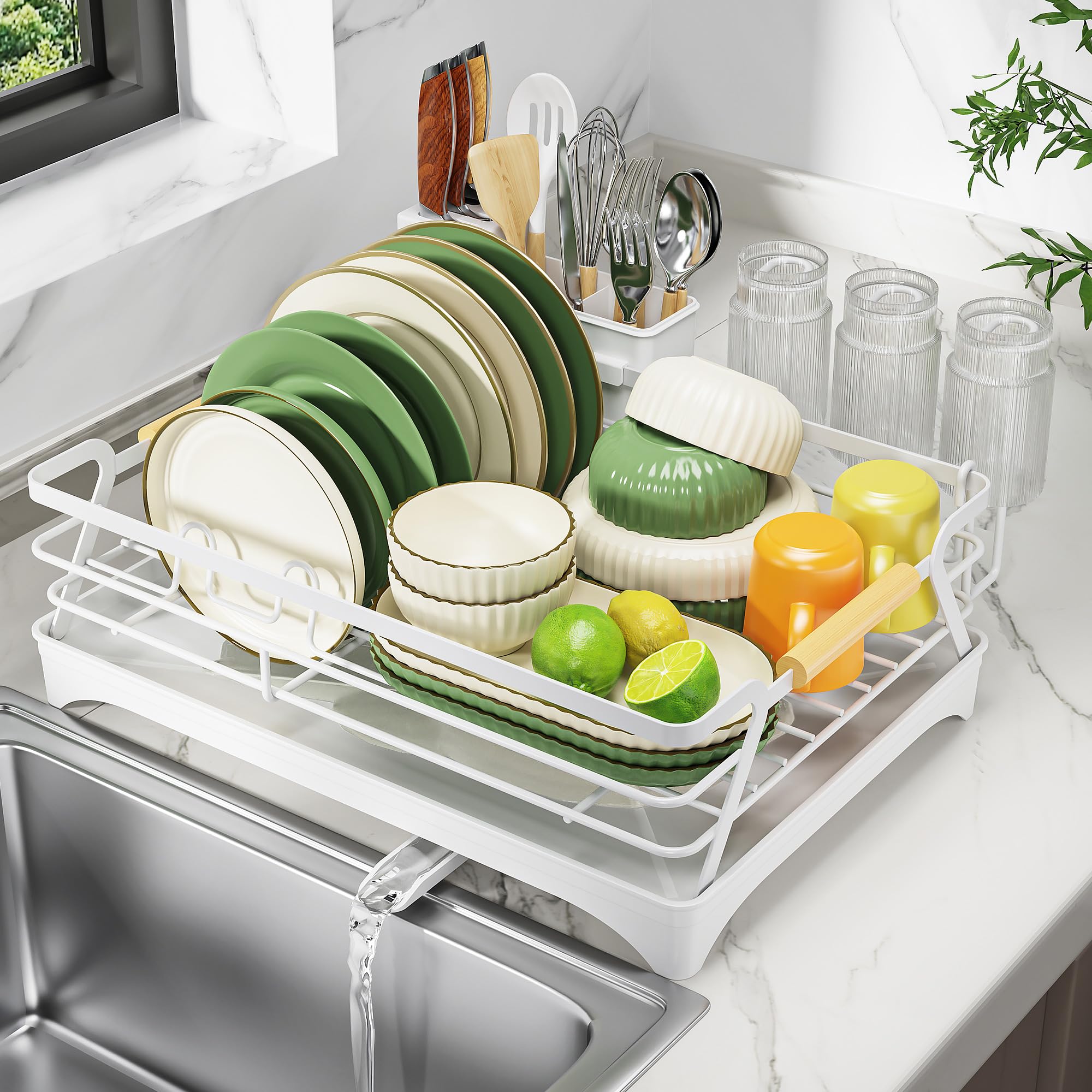 Photo 1 of Epicano Dish Drying Rack for Kitchen Counter,Space-Saving Dish Rack,Rustproof Dish Drainer with Utensil Holder and Knife Slots for Sink,Kitchen Drying Rack with Wooden Handle and Cup Holder,White