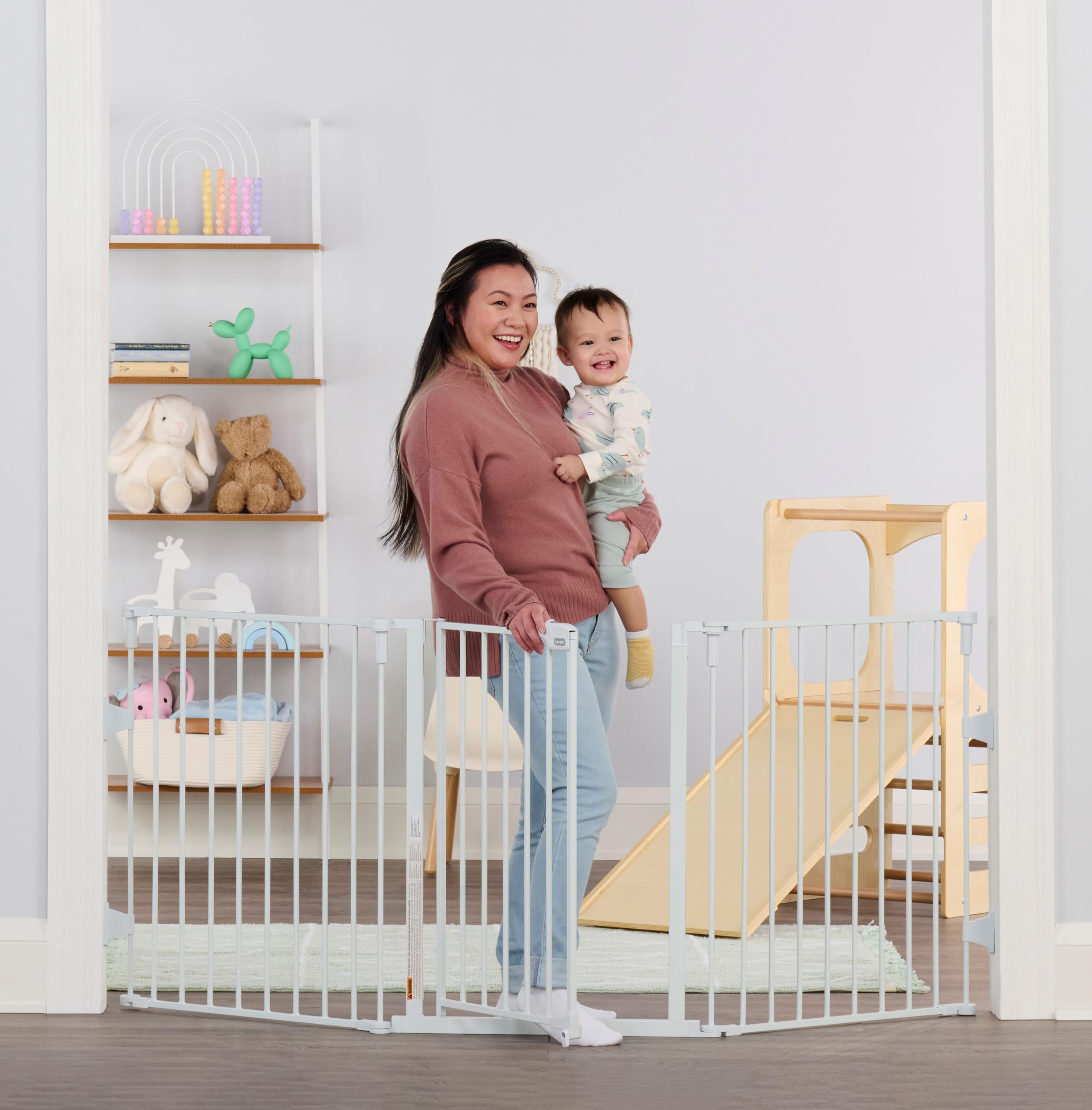 Safety 28"-76” Super Wide Configurable Baby Gate for Doorways & Open Spaces, 3-Panel Wall Mounted Safety Gate with Door for Babies, Toddlers & Pets, Includes Wall Mount Hardware