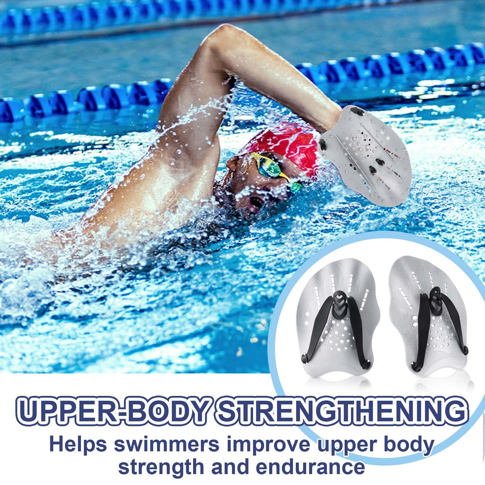 WuGU Palas Natacion, Pala de Mano para Piscina con Correas Ajustables, Paletas de Natación para Adultos Unisex, Pala de Entrenamiento de Natación Profesional para Adultos Niño Unisex(Plata)