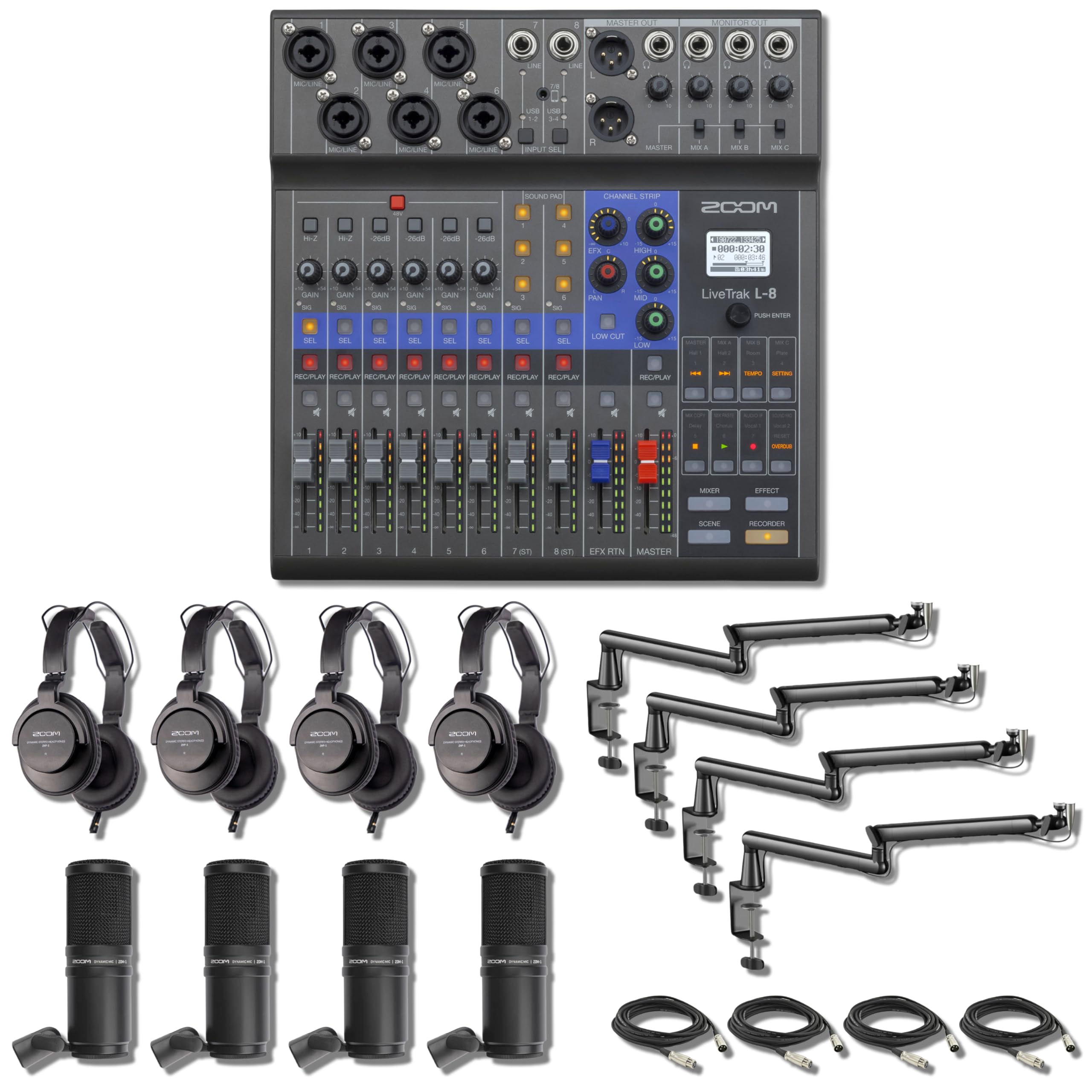 Zoom LiveTrak L-8 8-Channel Digital Mixer & Recorder with 4x Zoom ZDM-1 Podcast Microphone Pack and StreamEye LowPro Low Profile Mic Arms