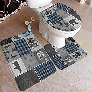 3 Pcs Bath Rug Set Toilet Seat Cover Rustic Cabin Bathroom Mat Bear Moose Elk Retro Buffalo Plaid Toilet Lid Bathroom Kitchen Flannel Non-Slip Carpat Doorway Mat