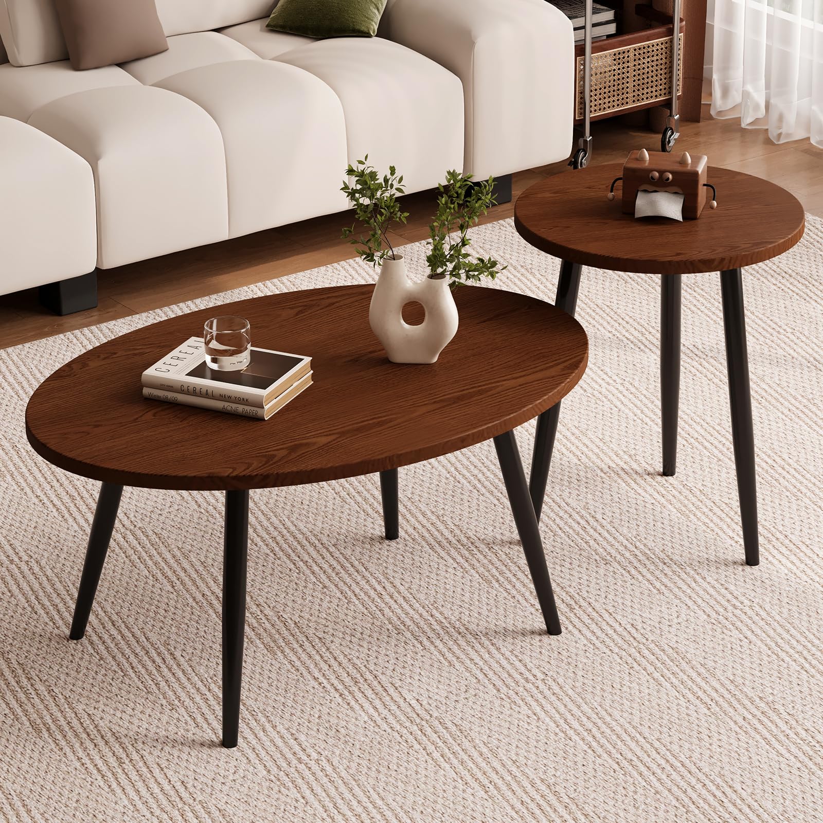 Vanpoo 2 Pcs Oval Coffee Table,Retro Walnut Coffee Tables Nesting Tables Set,Easy Assembly Mid Century Modern Coffee Tables for Living Room Office,Coffee Table and End Table Sets