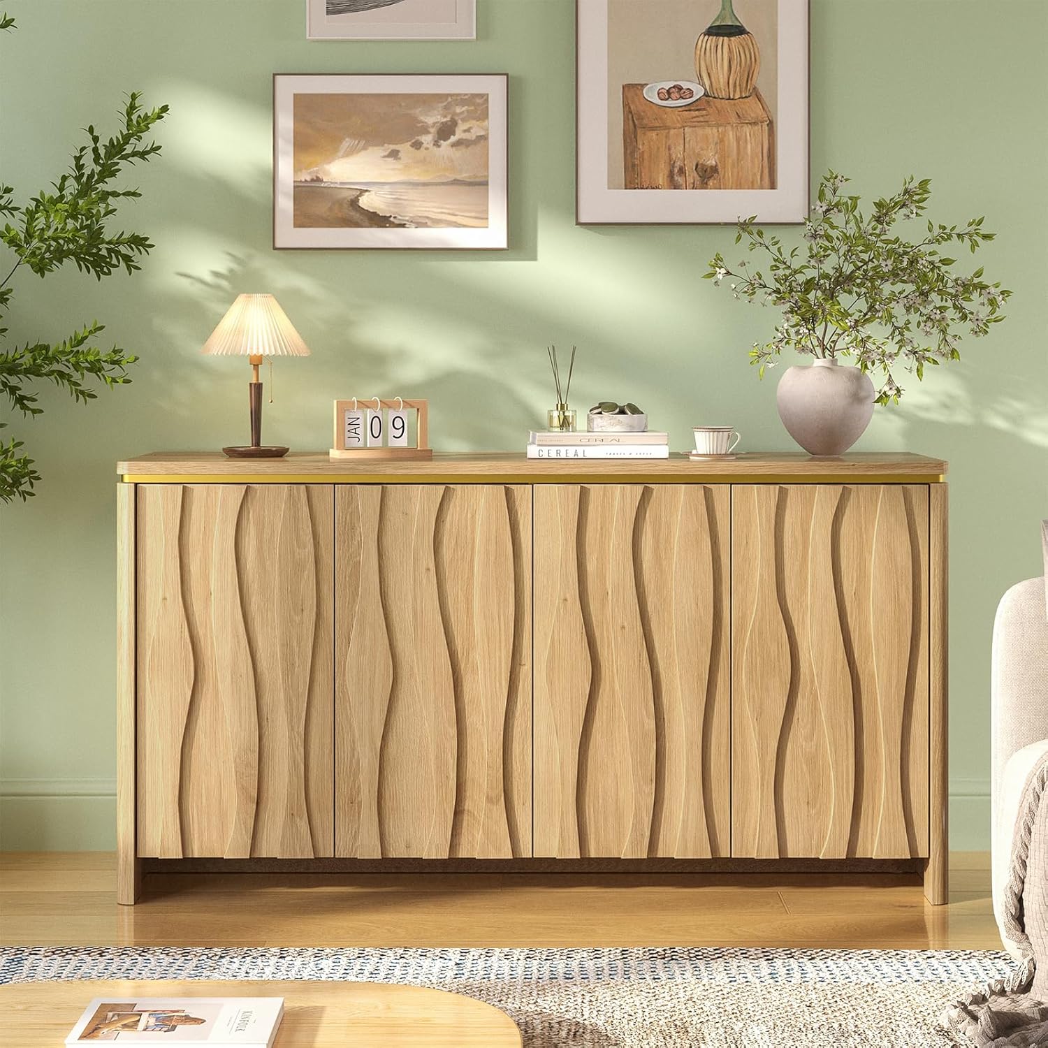 Fluted Cabinet with 3D Ripple Doors, 57.9" W Storage Cabinet with Adjustable Shelves, Modern Curved Edge Design for Living Room, Entryway, Kitchen, Dining Room, Natural Wood Accent Furniture