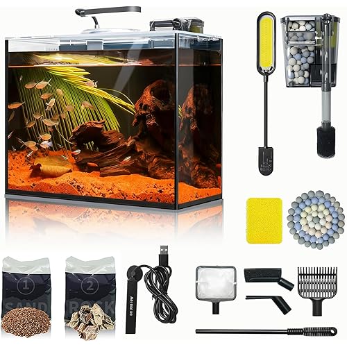 3 Gallon Small Fish Tank Glass Aquarium Set, Starter Kit with Heater Self Cleaning System Filter Bright Light Rocks Gravel Cleaning Tool, Leak-Proof Clear Rimless Desktop Spaces Saving Betta Fish