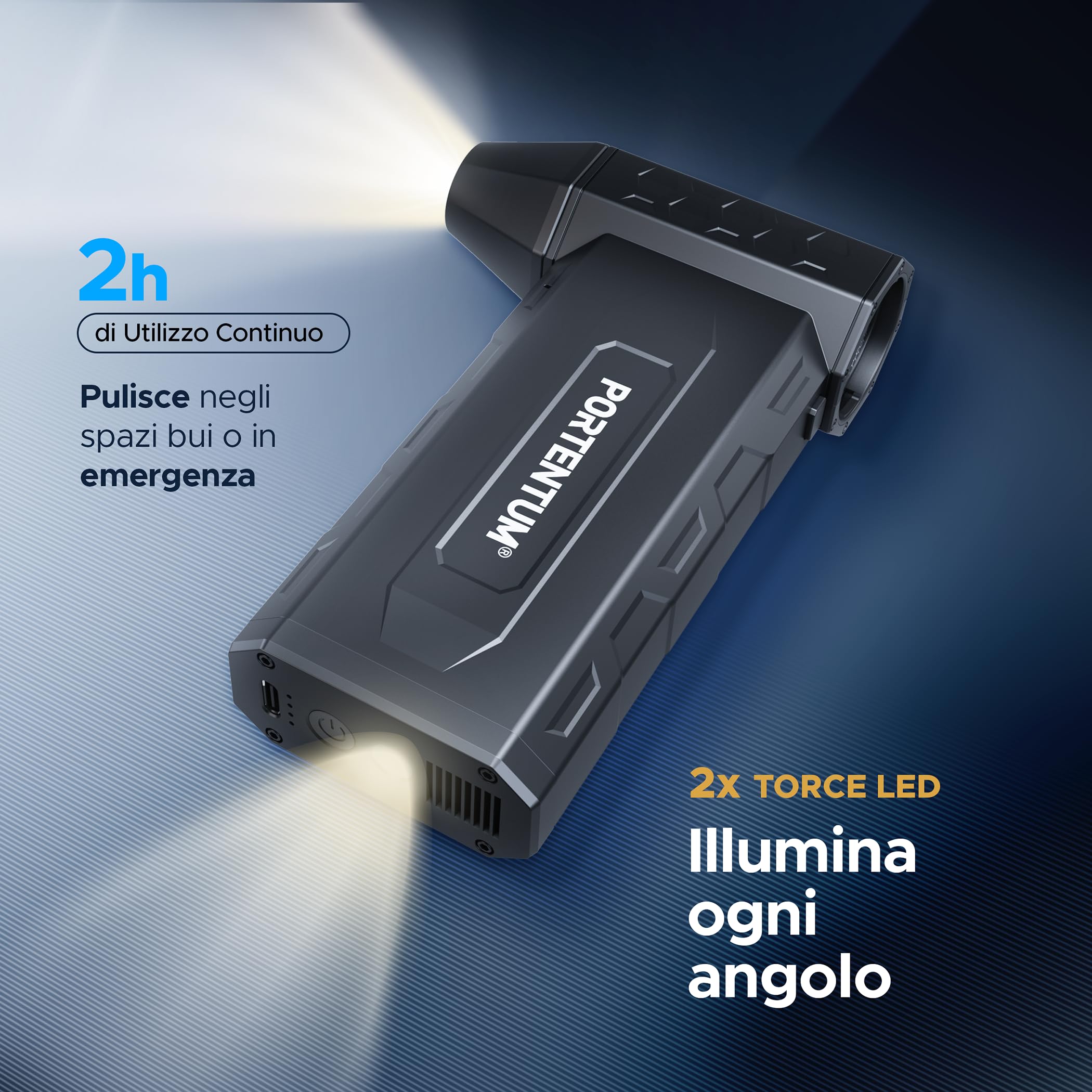 PORTENTUM 3 in 1 Aria compressa elettrico 180 km/h – Aspirapolvere auto 25 kPa – Torcia LED doppia – Set da 25 con 6 ugelli e 13 spazzole – Soffiatore a batteria fino a 115 min