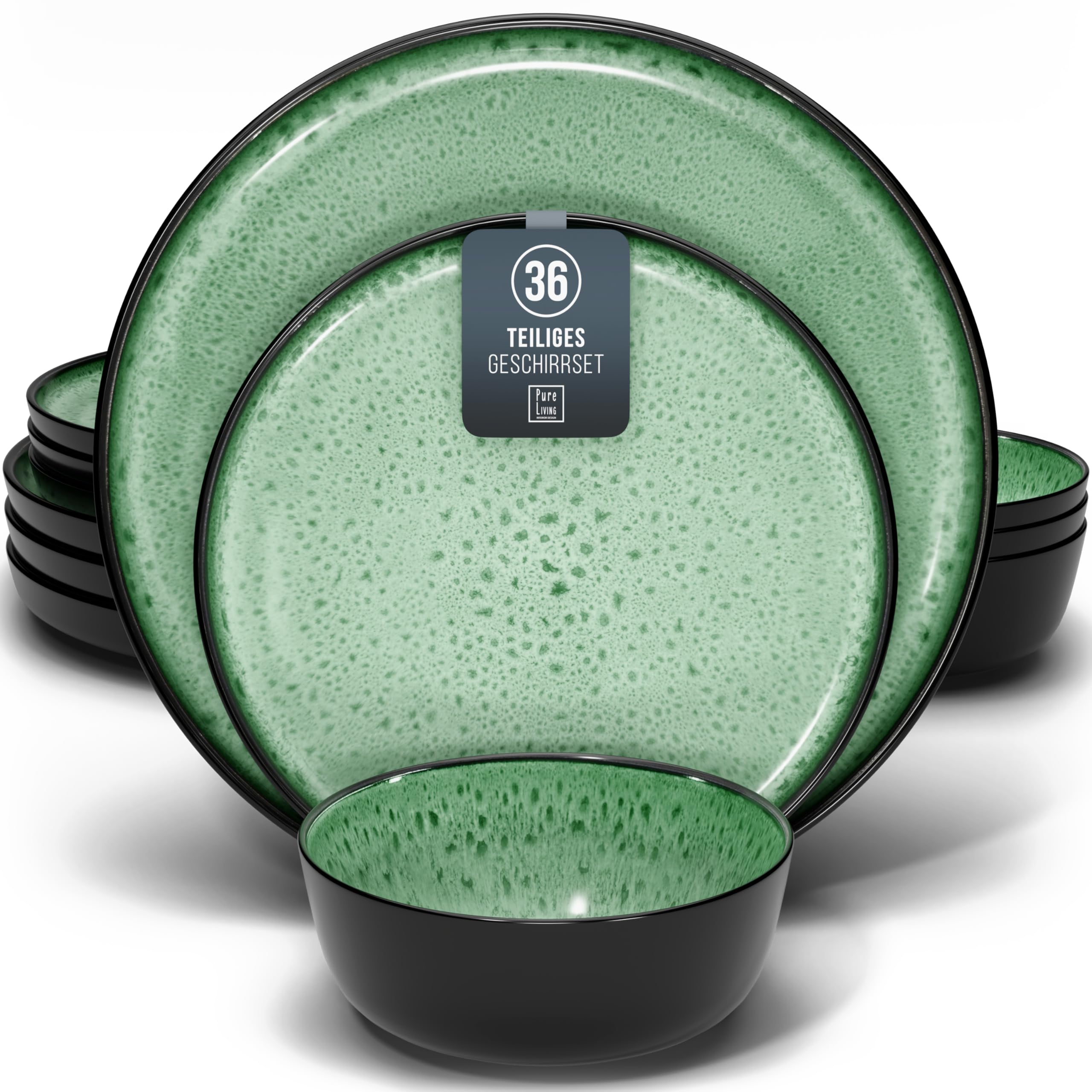 PURE LIVING INTERIOR DESIGNIbiza 36-Piece Stoneware Crockery Set for 12 People, Mediterranean Test Very Good Stoneware Tableware Set, Bowl and Plate Set, Dinner Service for 12 People, in Sage Green