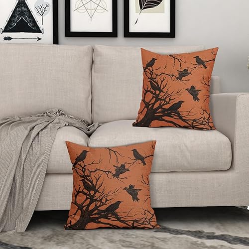 Miniatura 8 de Tree Crows - Juego de 2 fundas de almohada de Halloween de 16 x 16 pulgadas, fundas de almohada decorativas de otoño, fundas de almohada negras y
