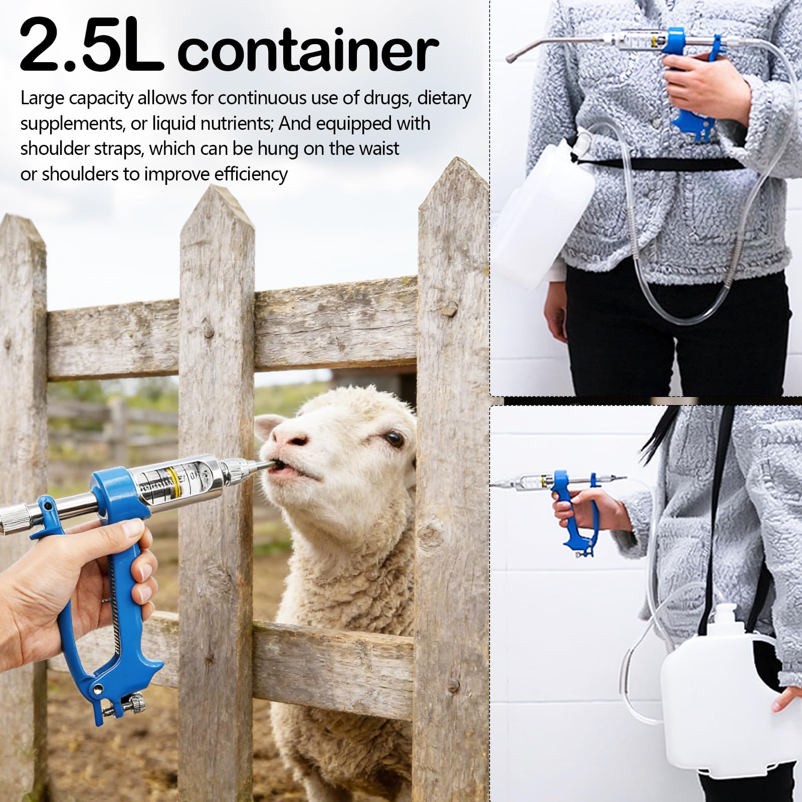 Pistola de Drench Veterinaria de Metal, Dosificación Oral 5-30 ml Ajustable Depósito 2500 ml Boquilla Acero Inoxidable Mango Antideslizante Para Vacas Cerdos Ovejas